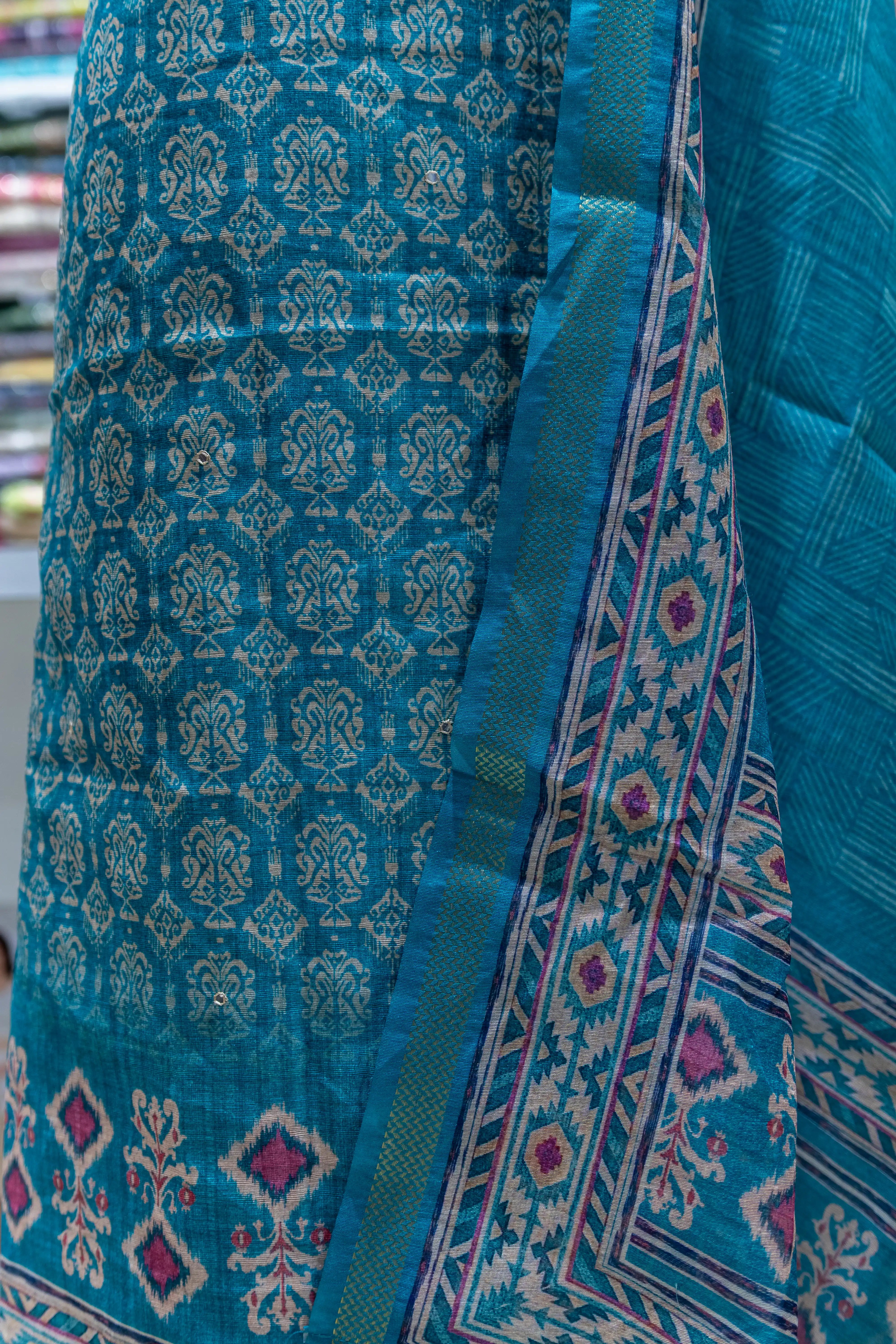 Rama Green Printed Dress Material with Floral Dupatta