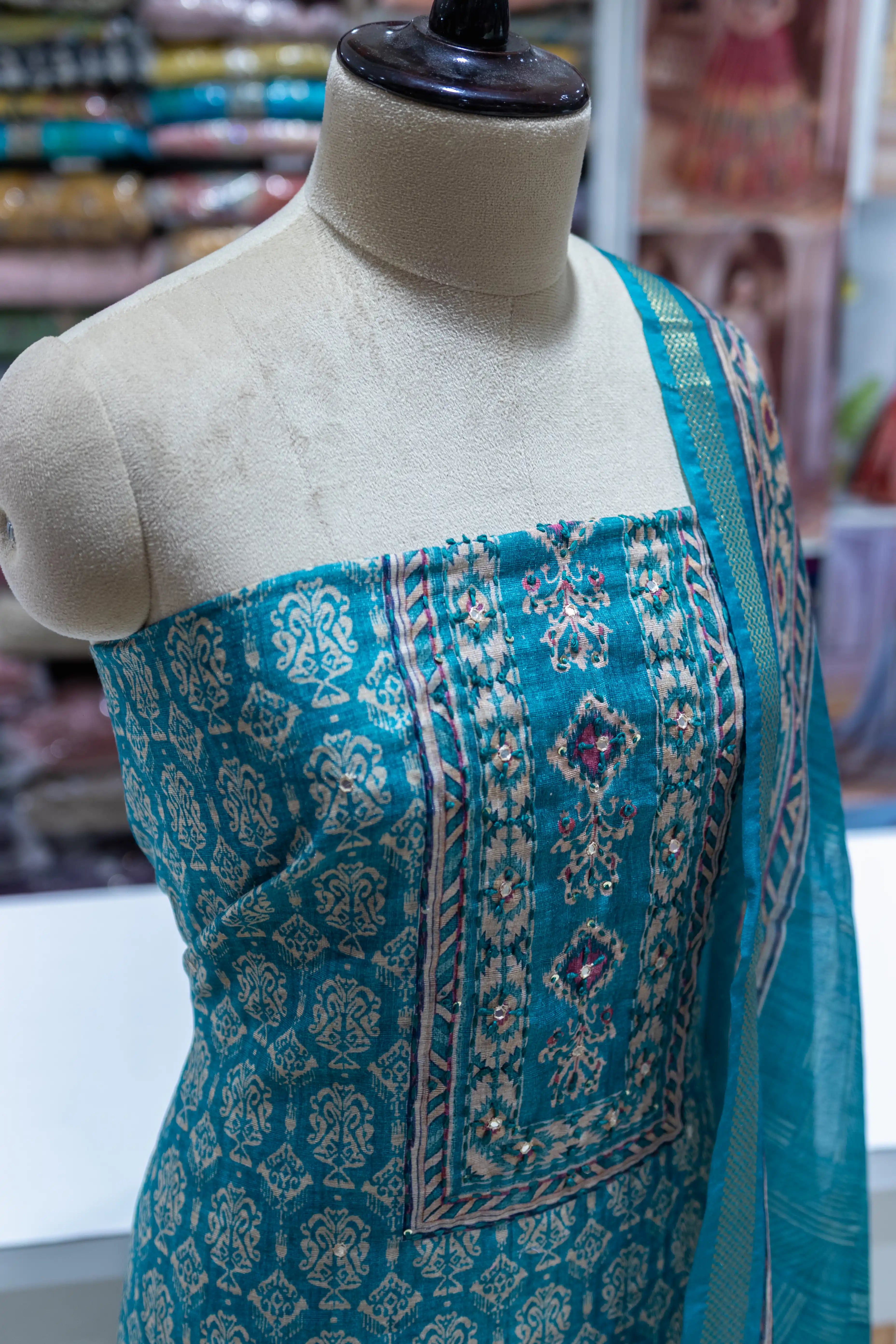 Rama Green Printed Dress Material with Floral Dupatta