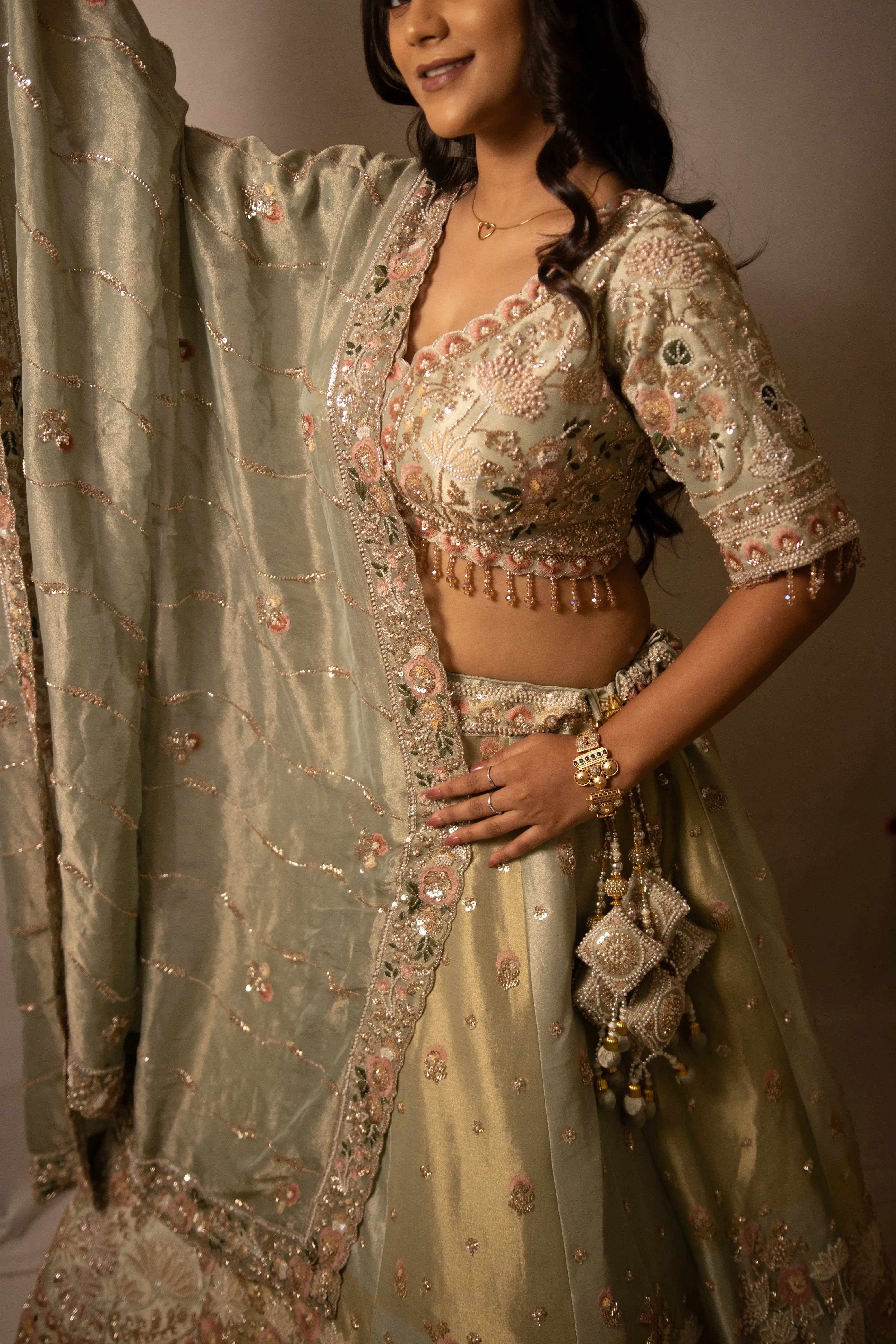 Green Embroidered Lehenga