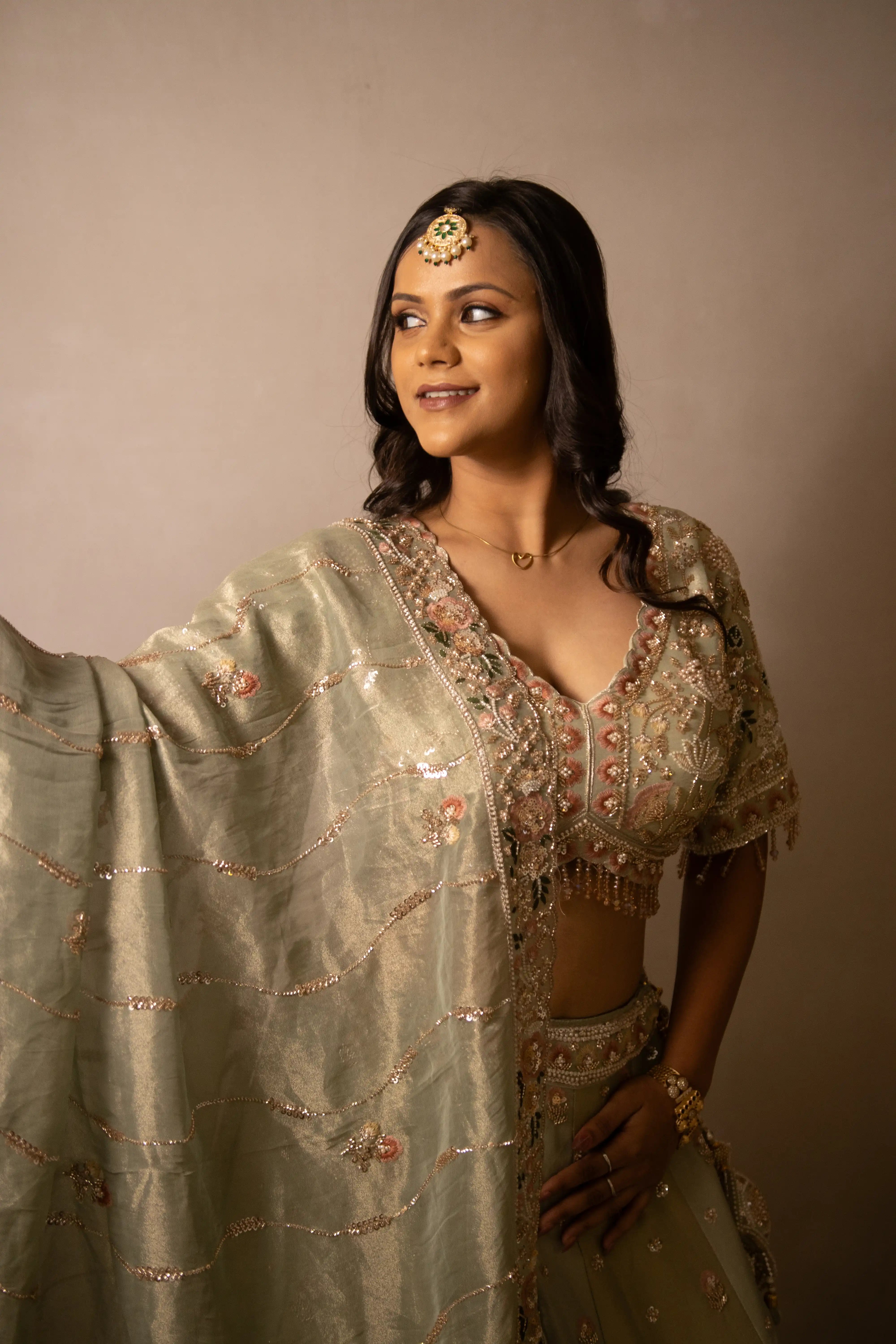 Green Embroidered Lehenga
