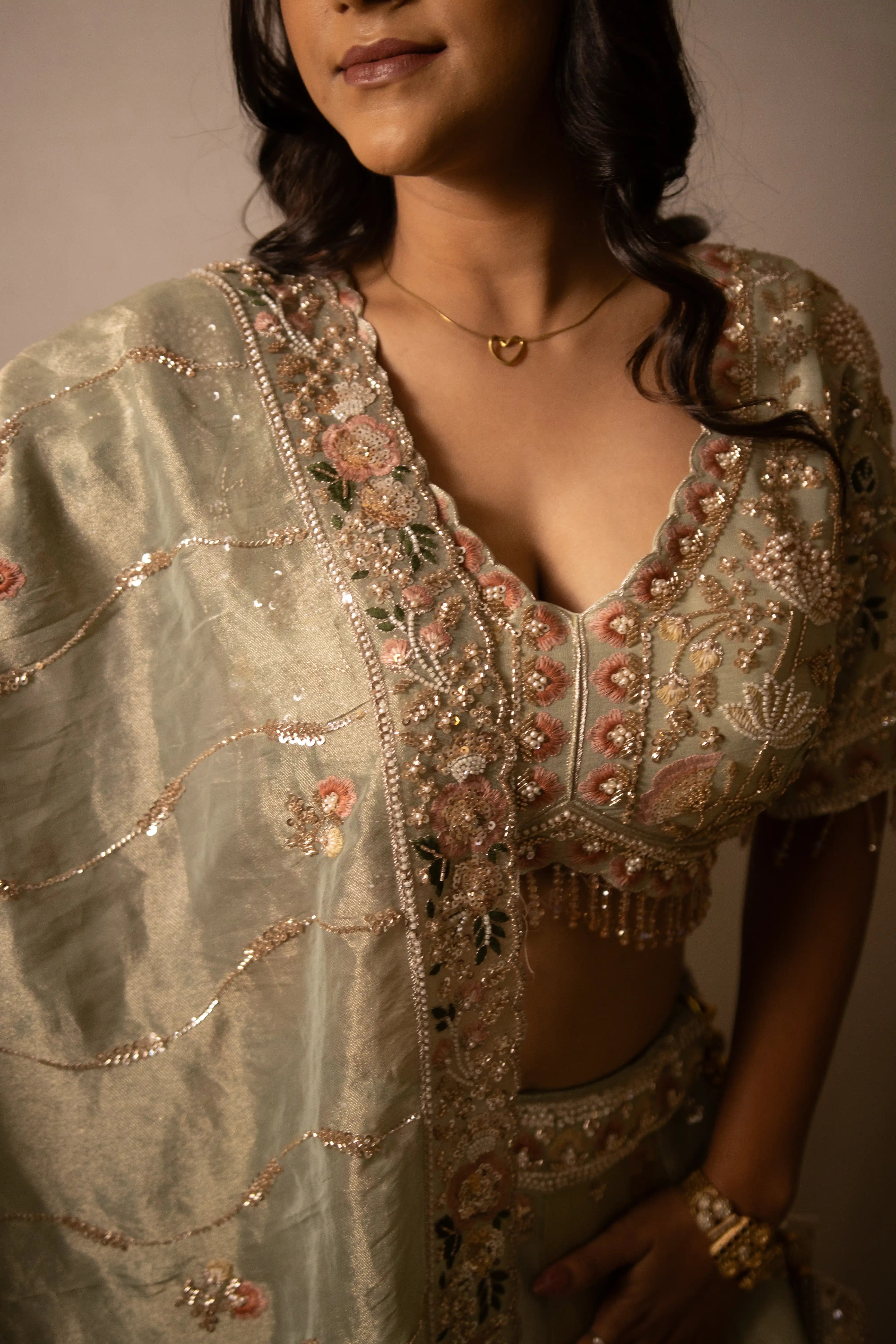 Green Embroidered Lehenga
