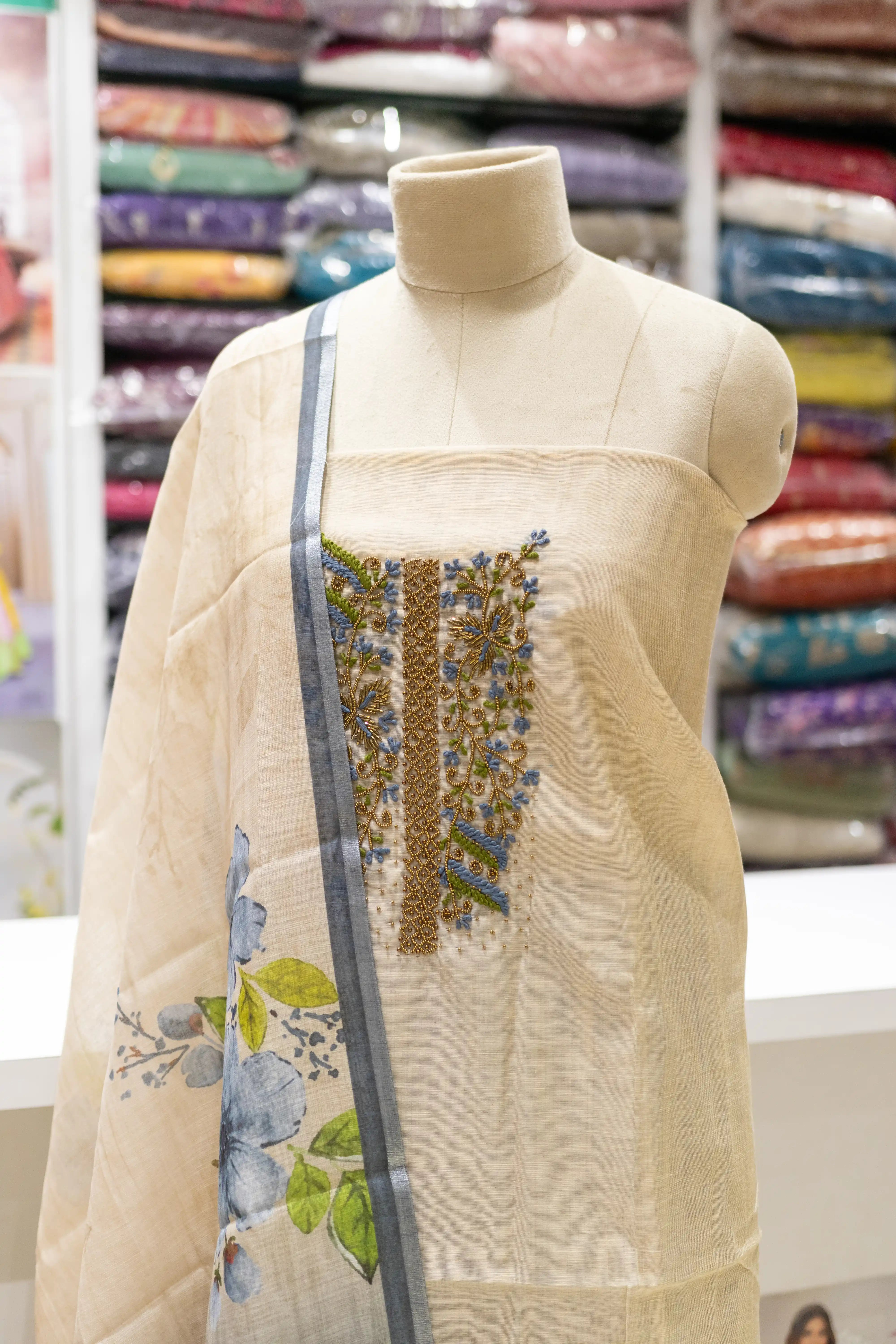 Cream Floral Printed Dress Material with Embroidered Yoke