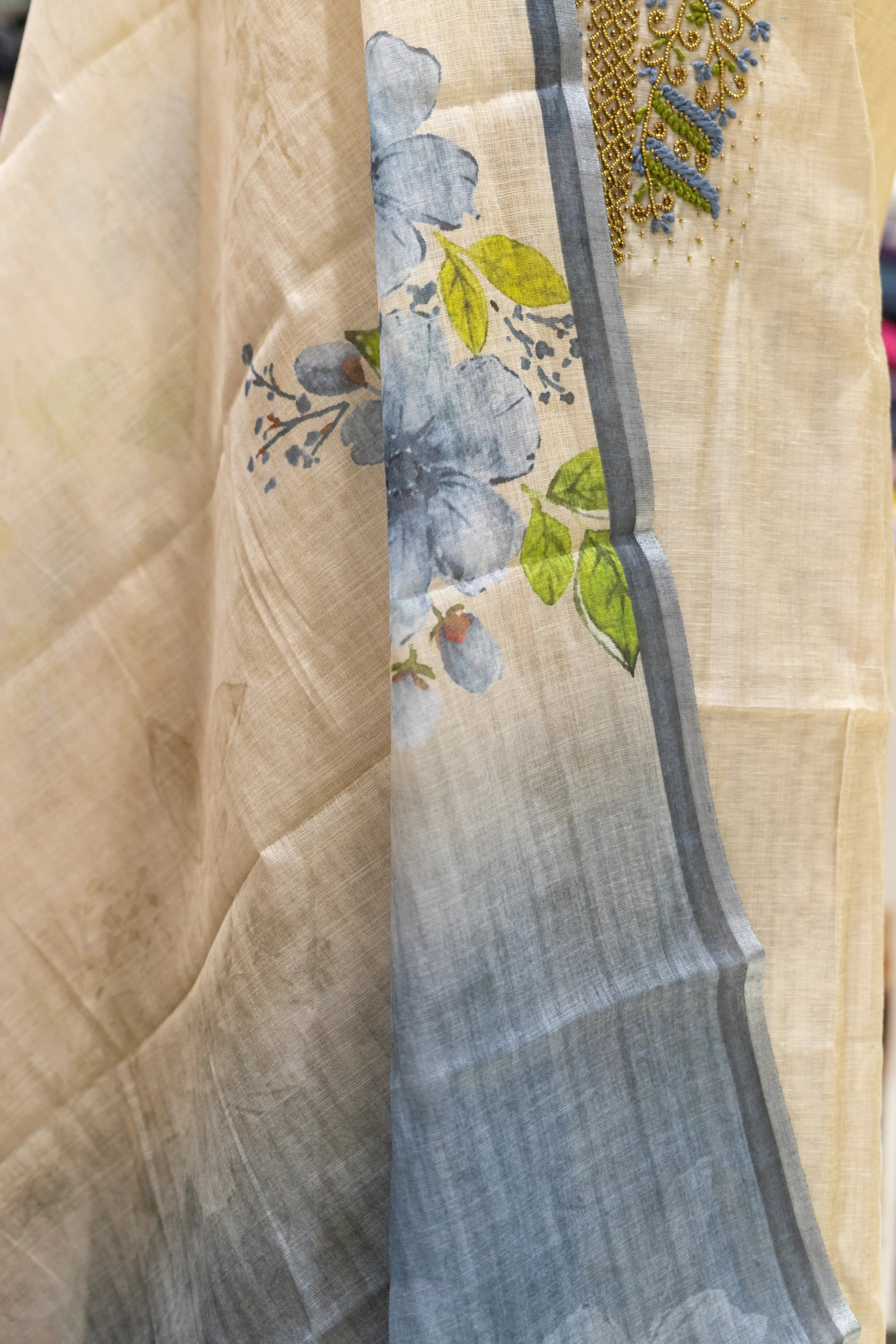 Cream Floral Printed Dress Material with Embroidered Yoke