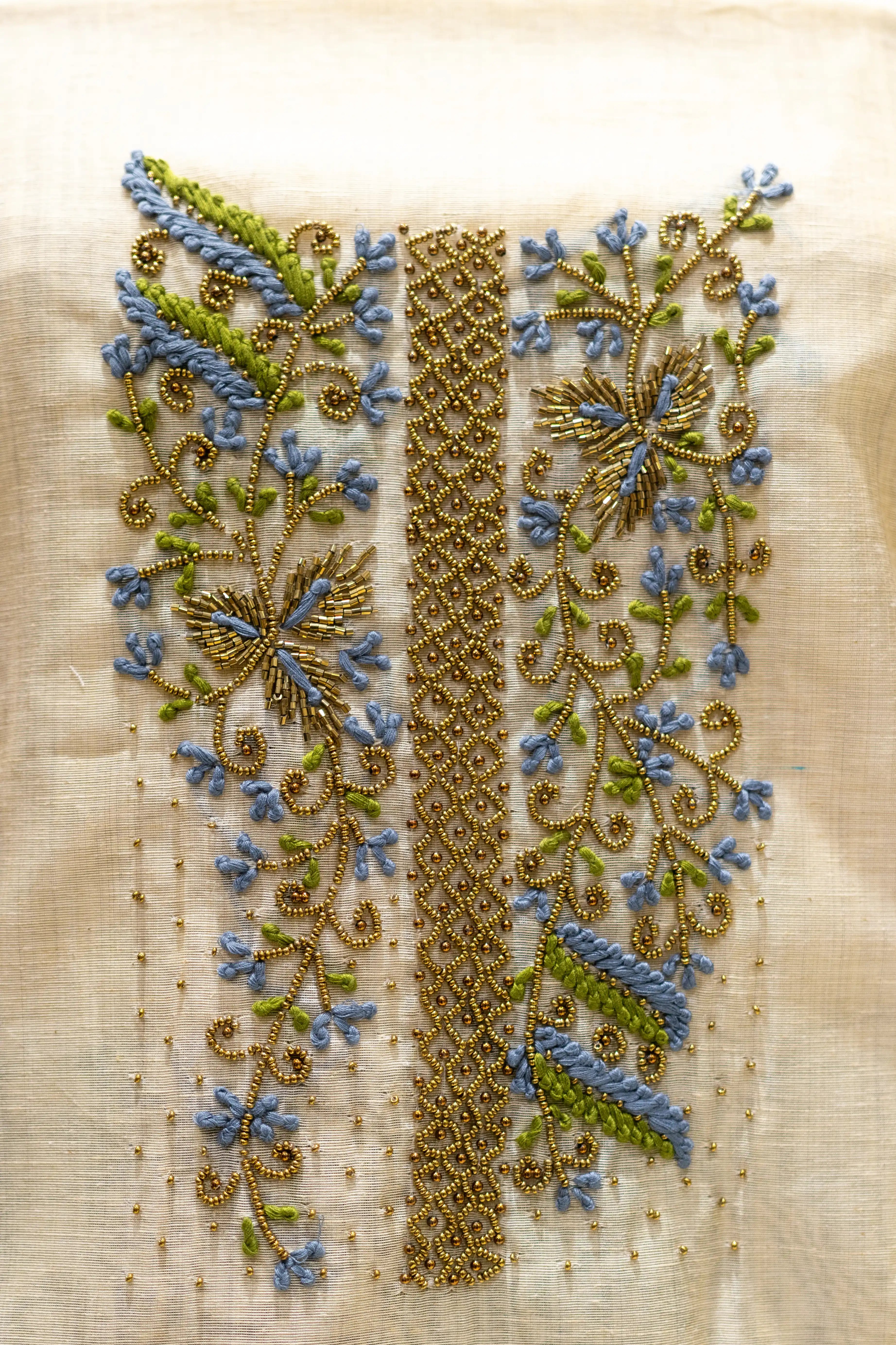 Cream Floral Printed Dress Material with Embroidered Yoke