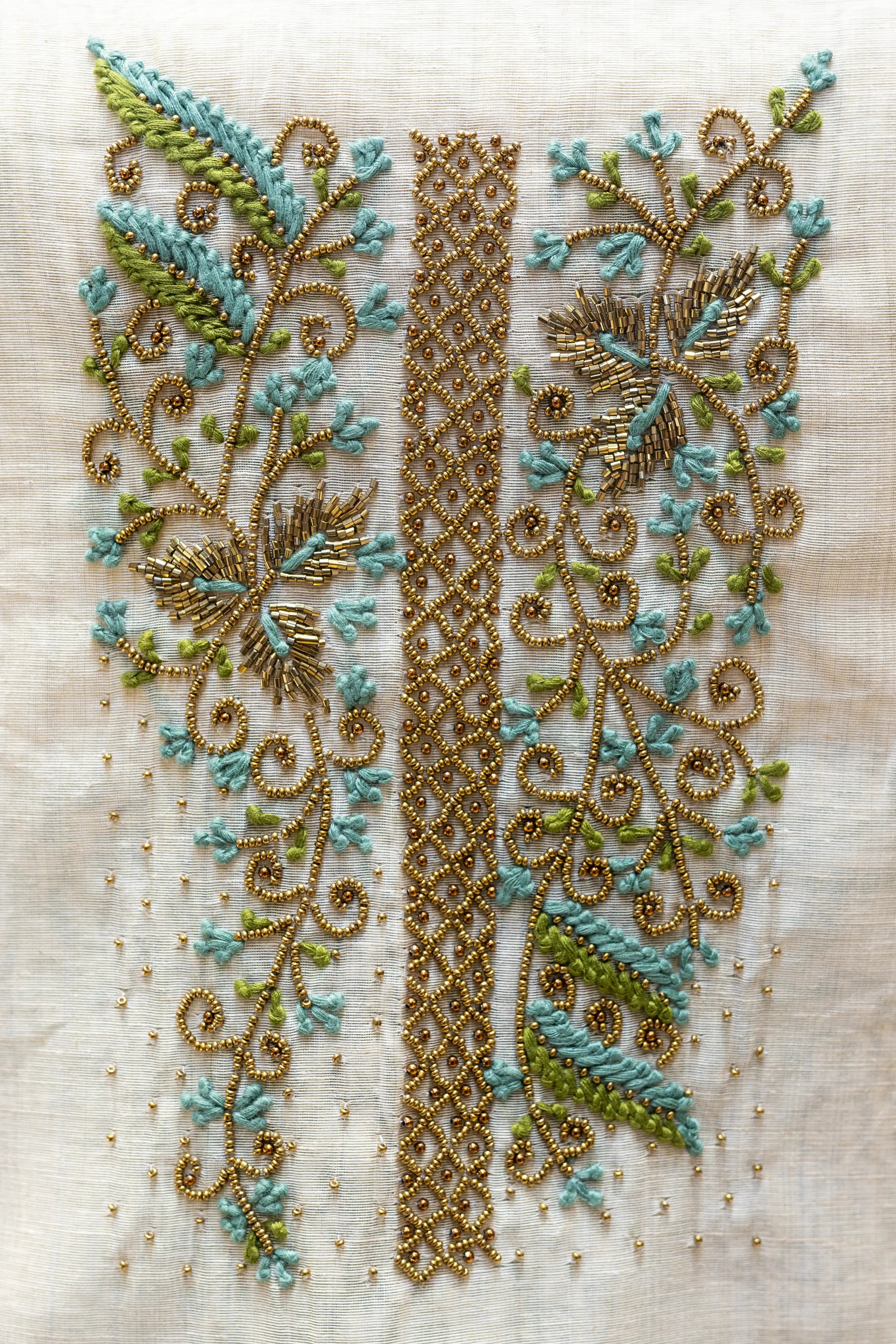 Cream Floral Printed Dress Material with Embroidered Yoke