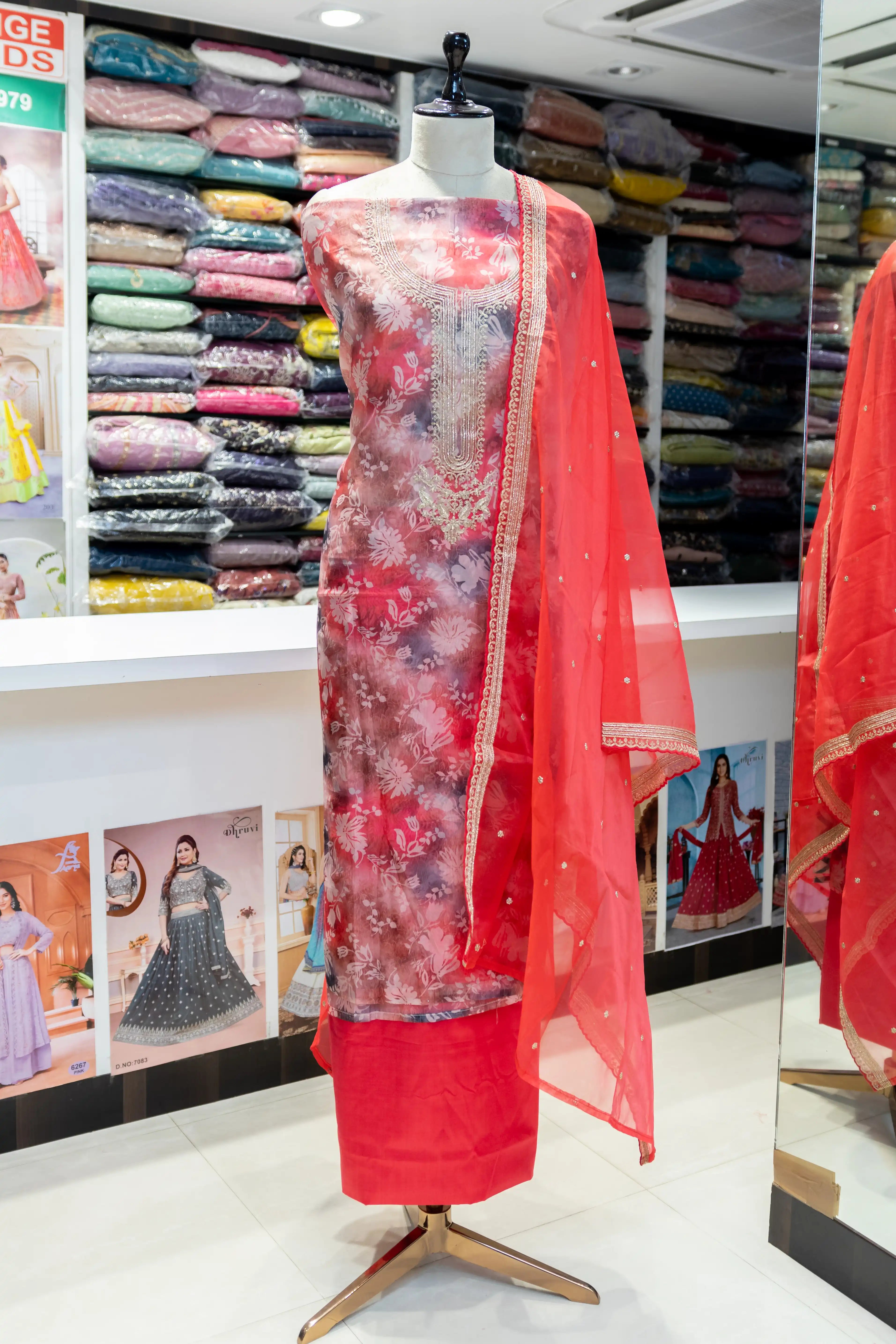 Red Printed Cotton Dress Material with Work Dupatta