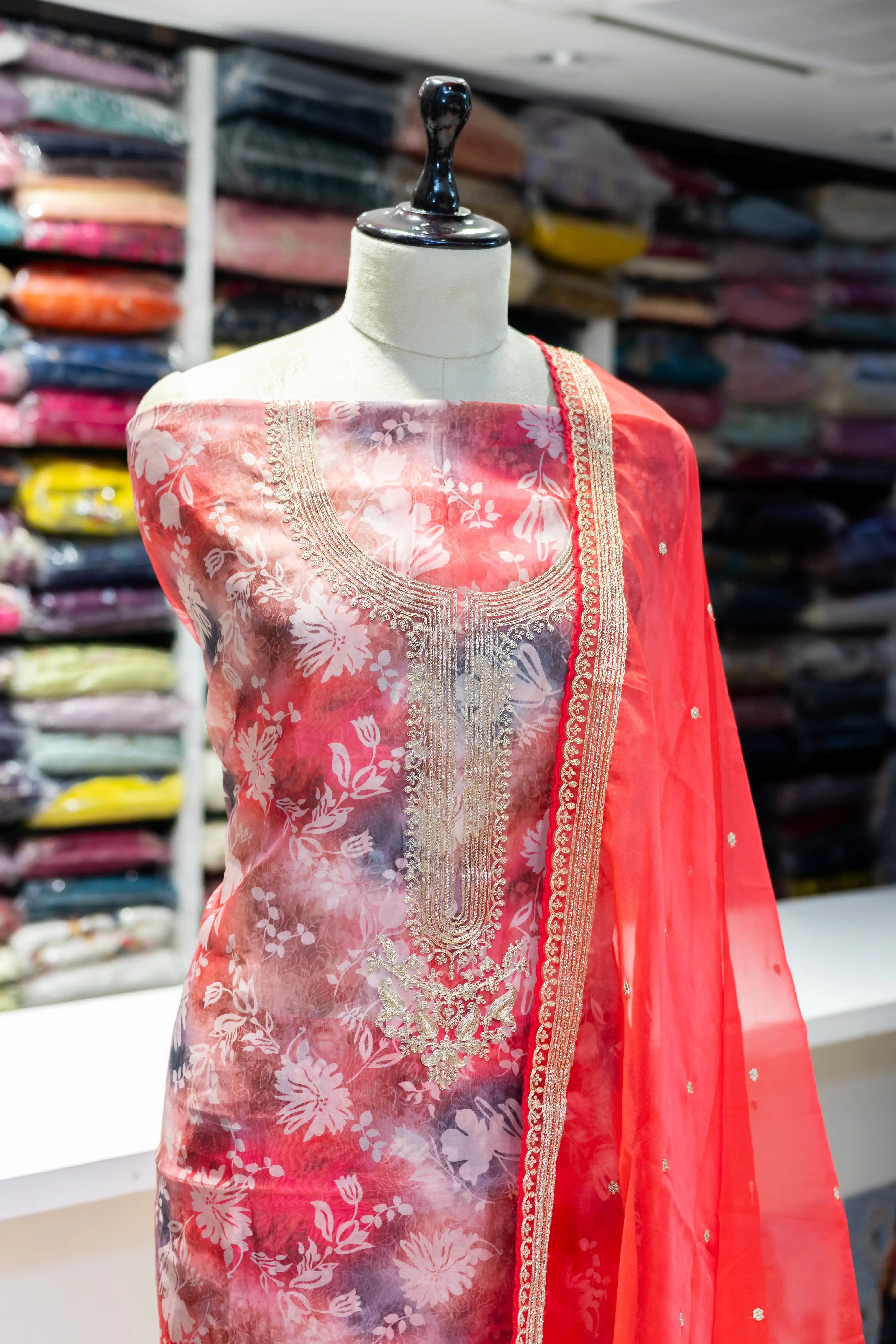 Red Printed Cotton Dress Material with Work Dupatta