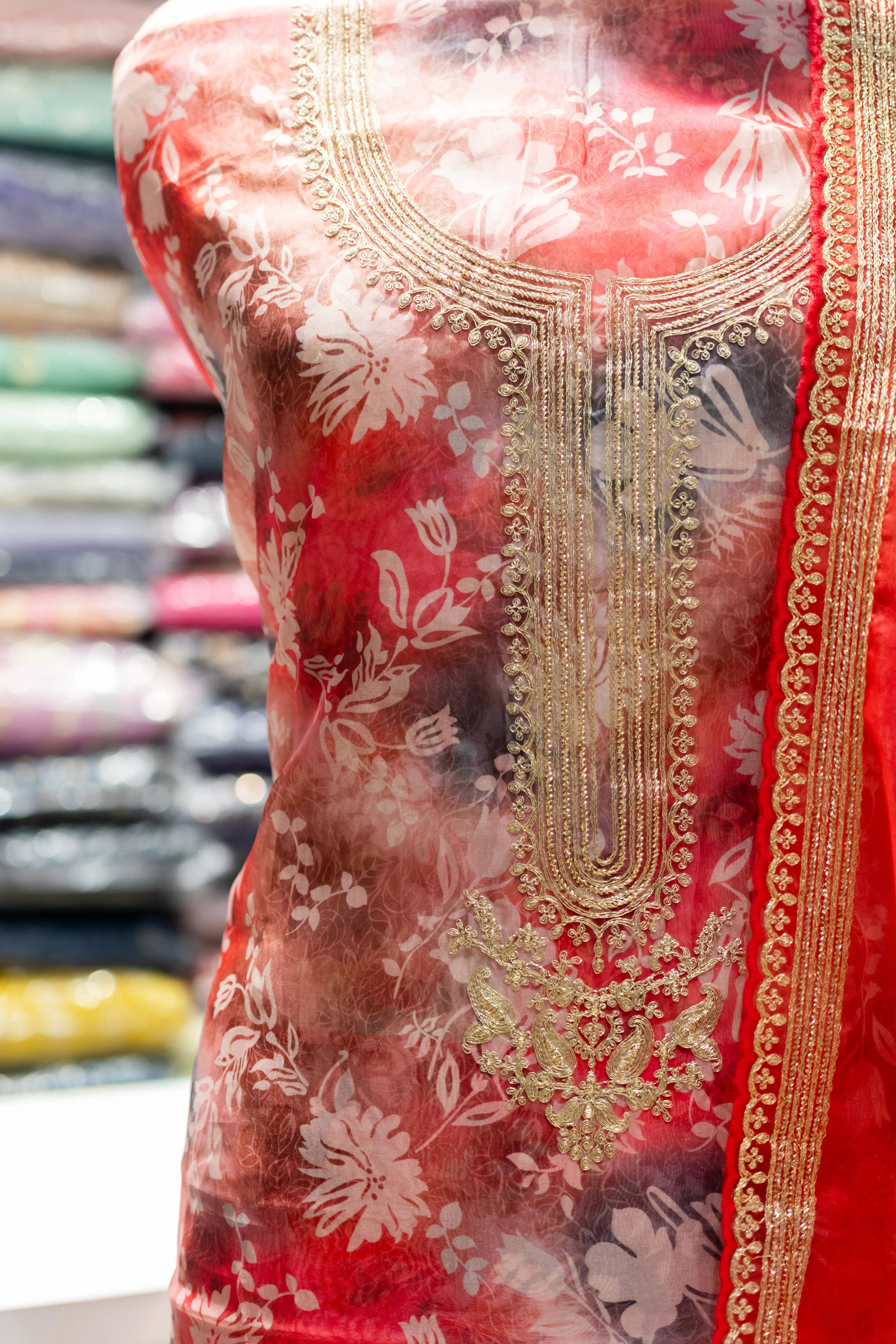 Red Printed Cotton Dress Material with Work Dupatta