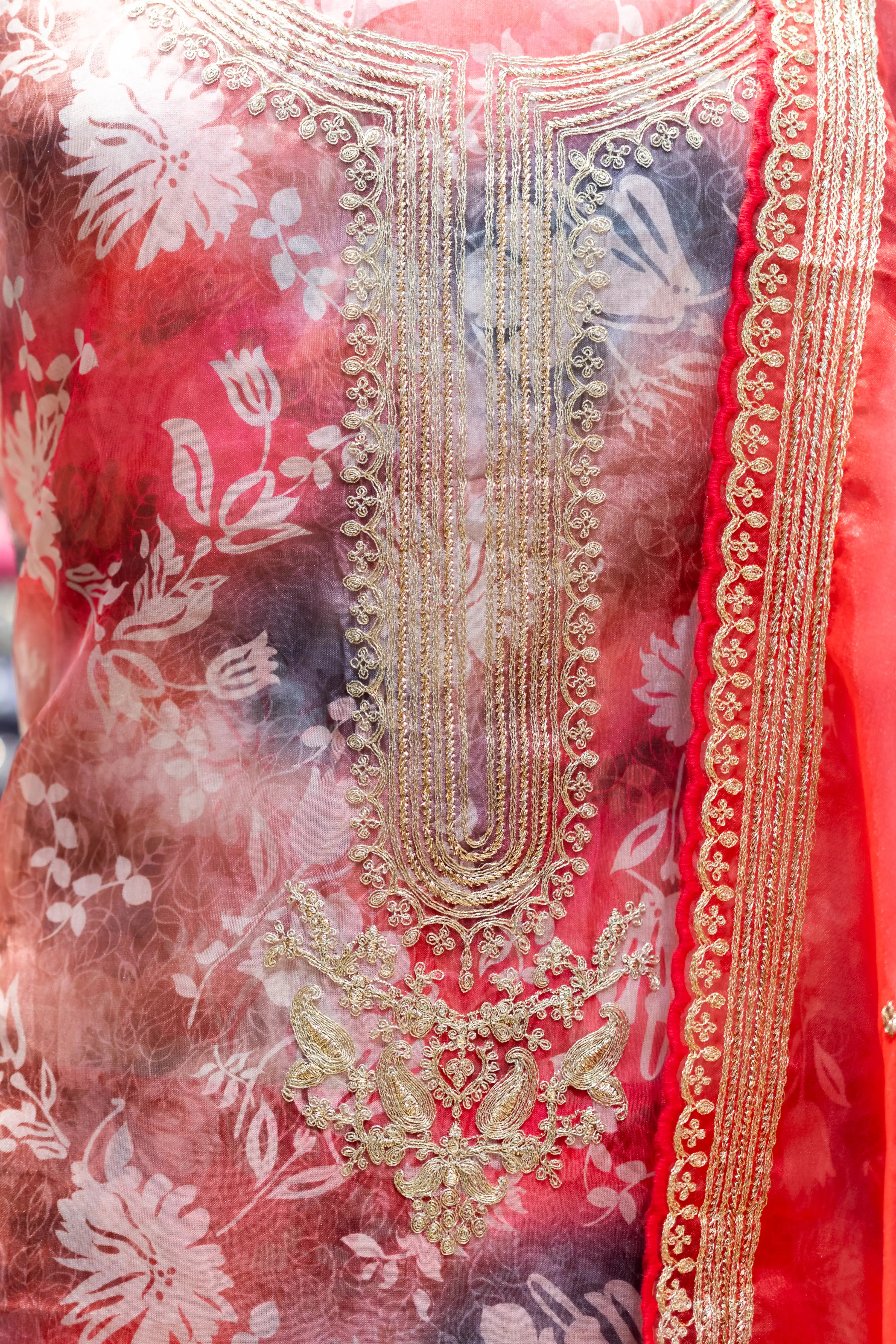 Red Printed Cotton Dress Material with Work Dupatta