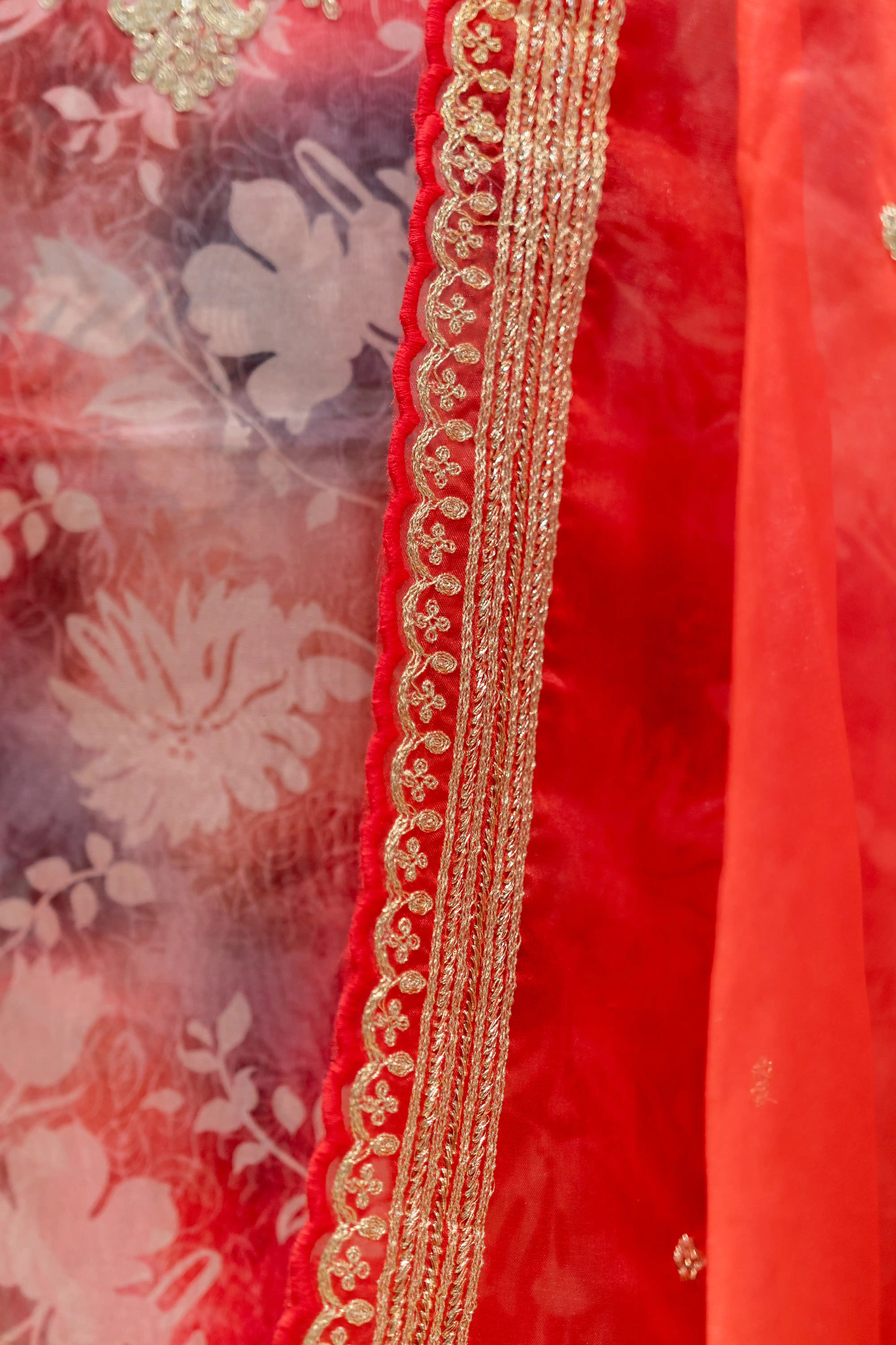 Red Printed Cotton Dress Material with Work Dupatta