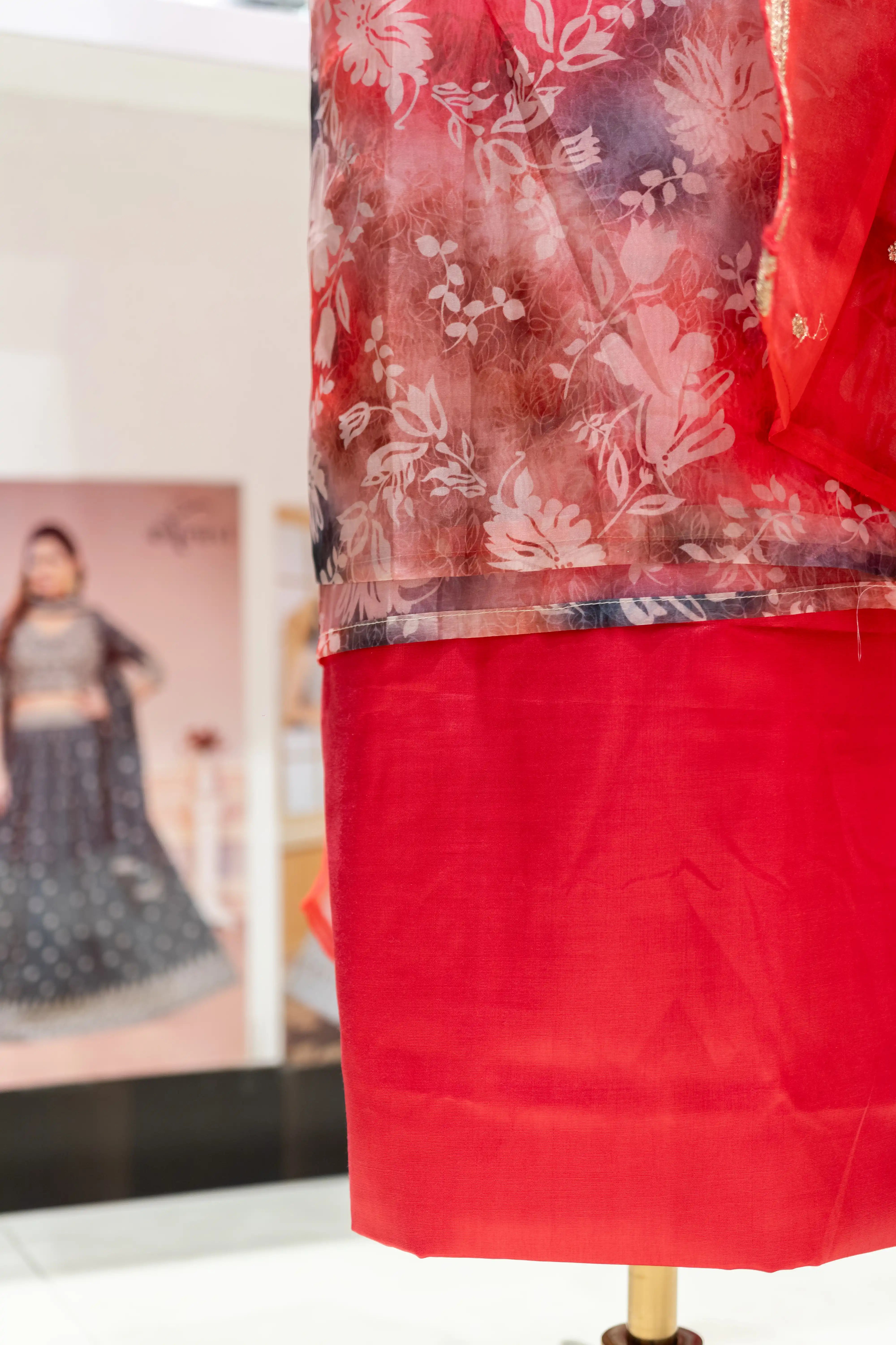 Red Printed Cotton Dress Material with Work Dupatta