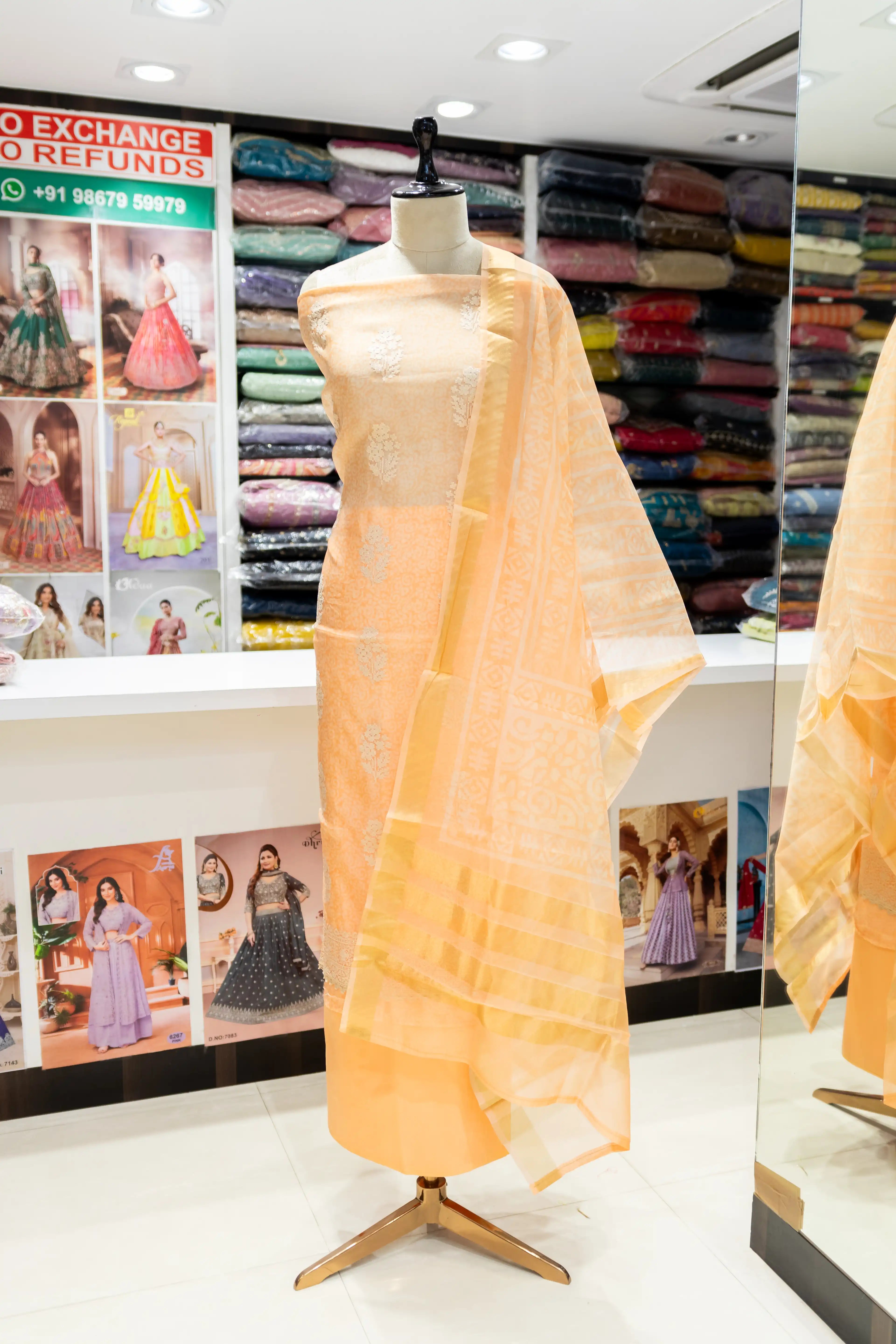 Orange Printed Cotton Dress Material with Work Dupatta