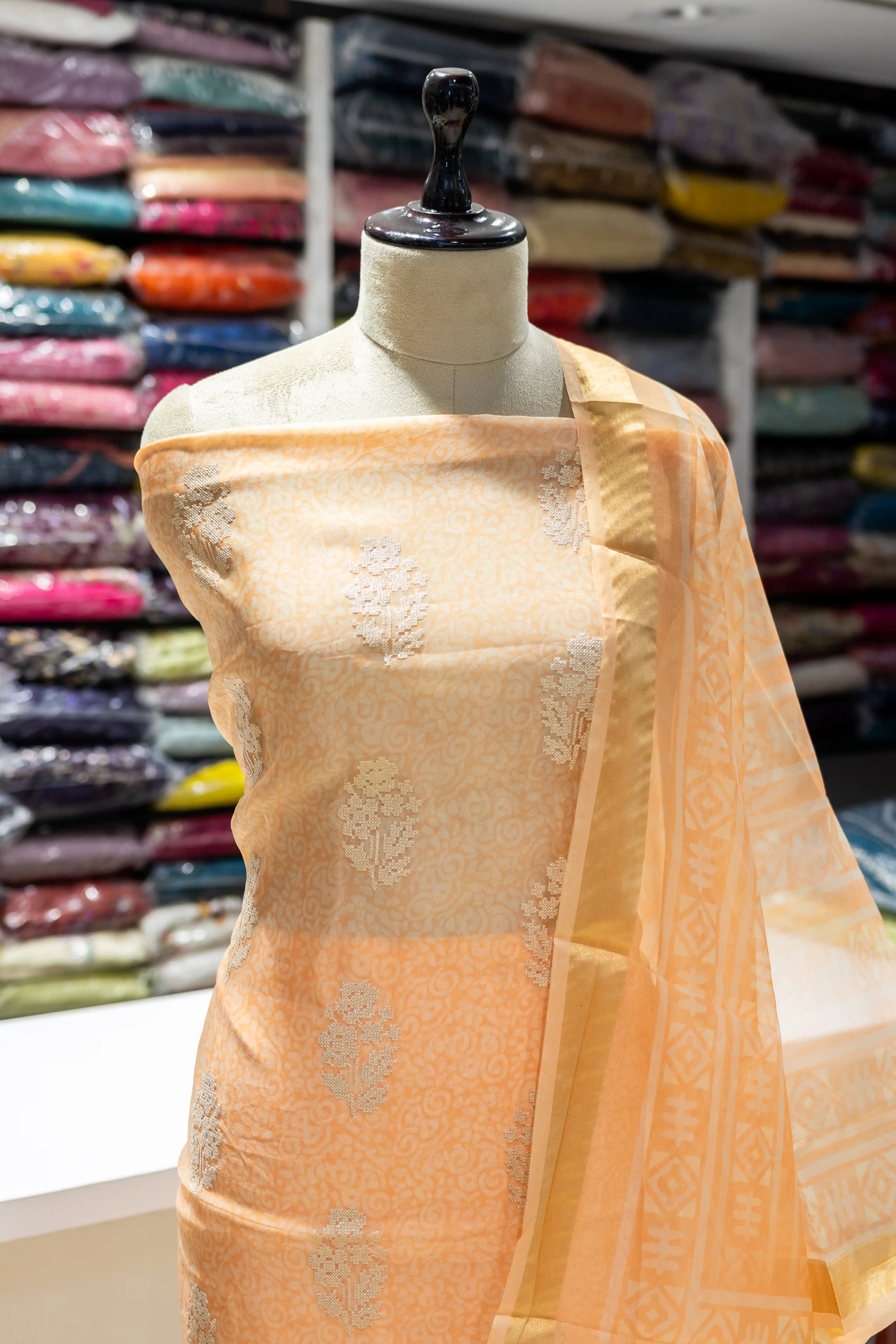Orange Printed Cotton Dress Material with Work Dupatta