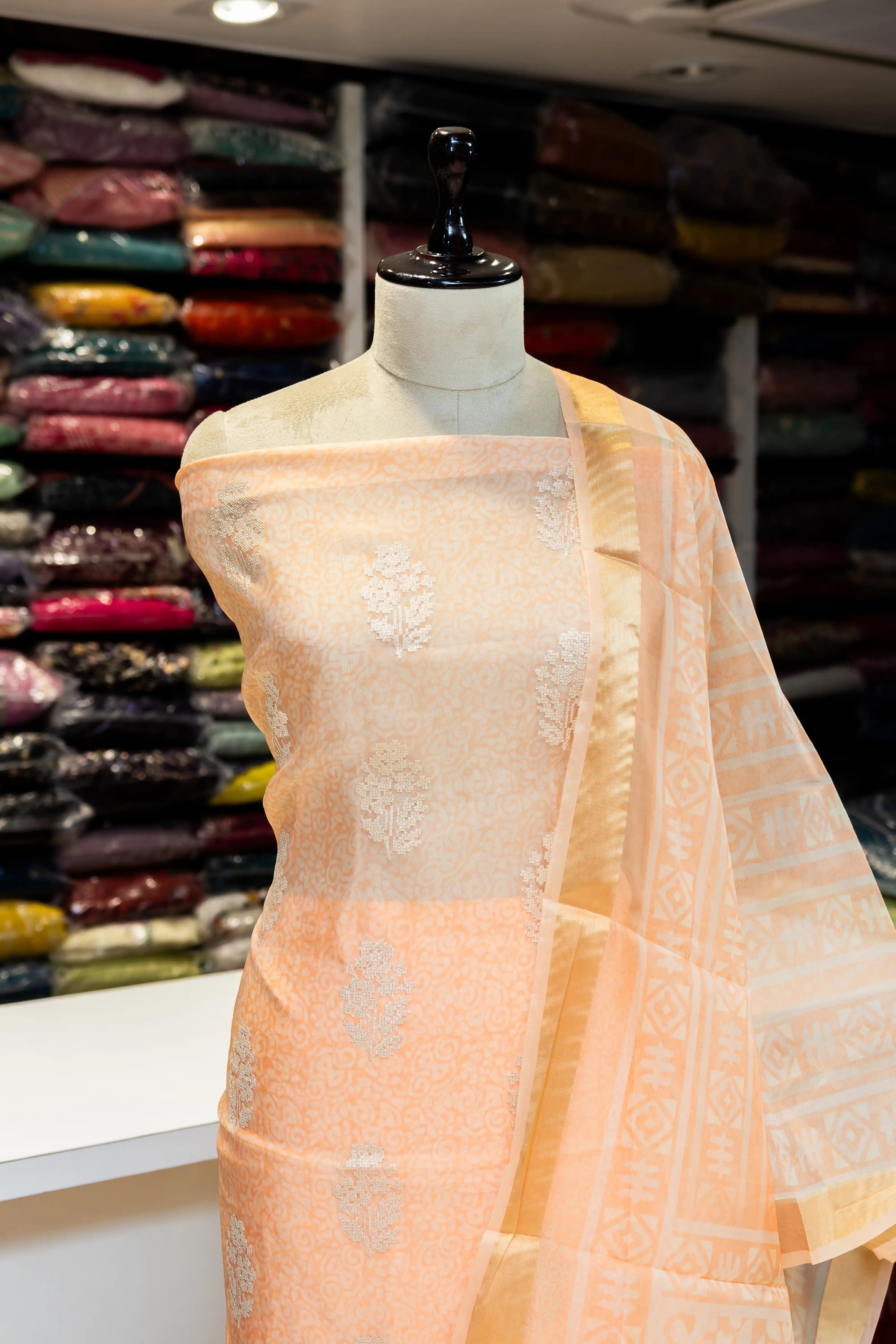 Orange Printed Cotton Dress Material with Work Dupatta