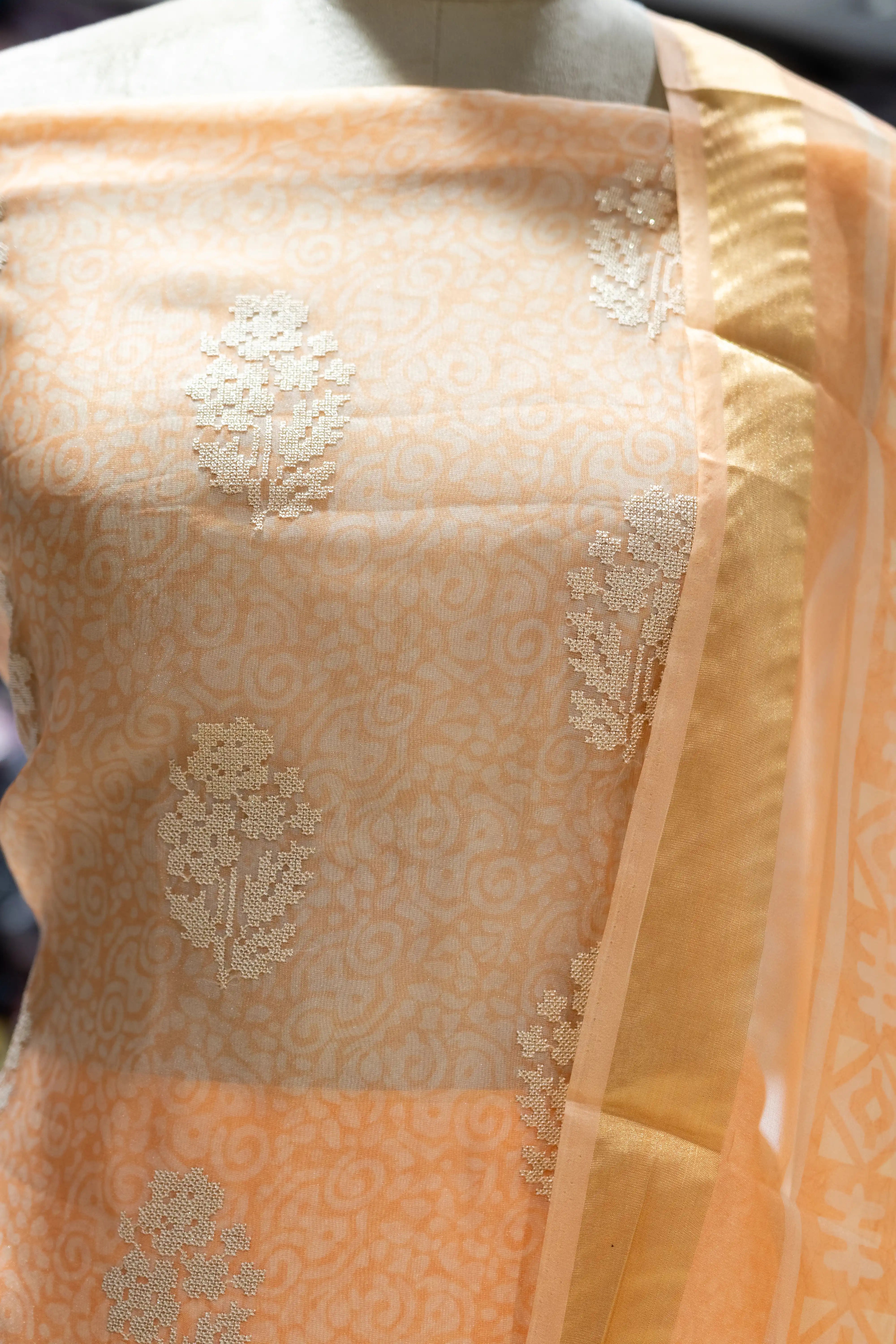 Orange Printed Cotton Dress Material with Work Dupatta