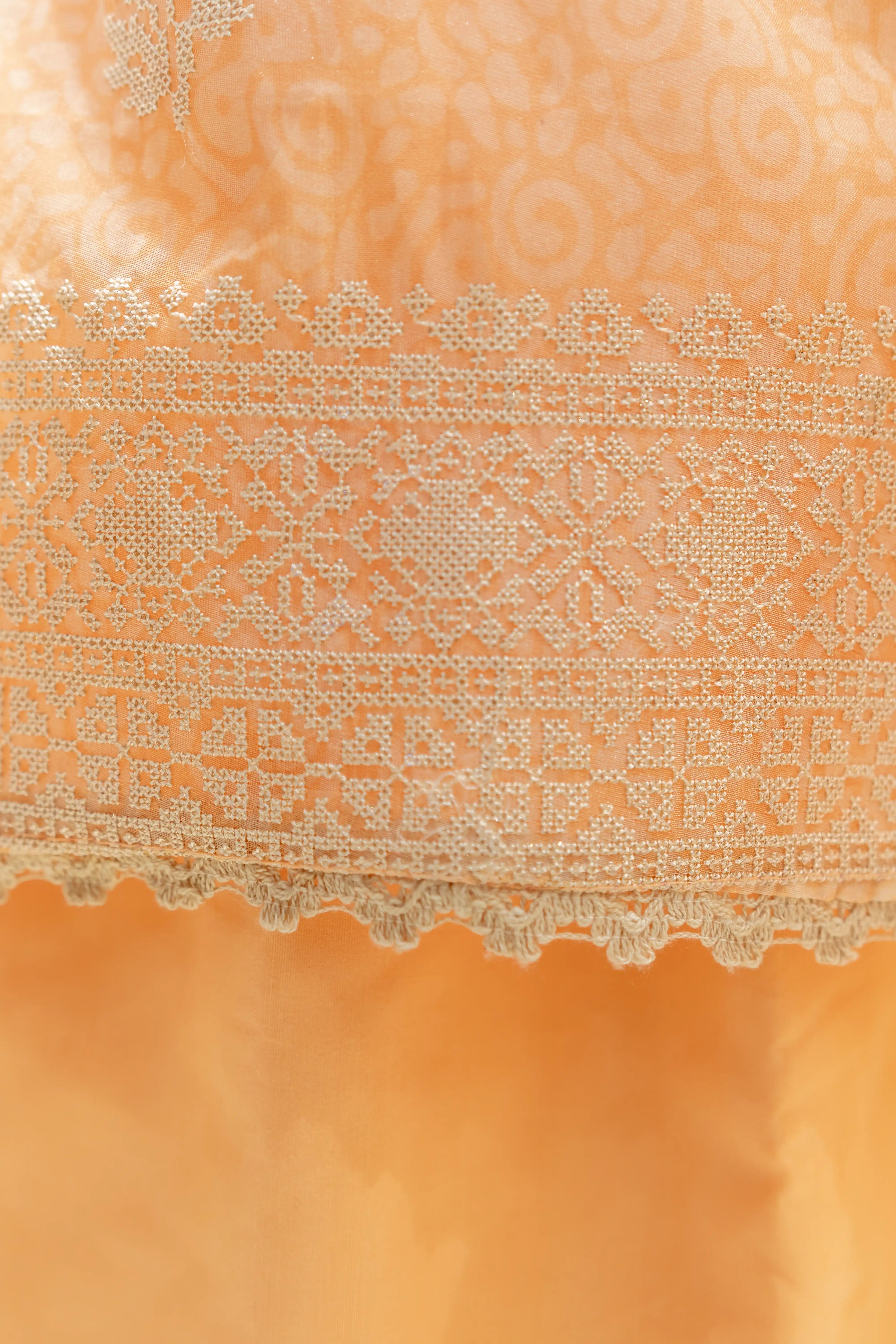 Orange Printed Cotton Dress Material with Work Dupatta