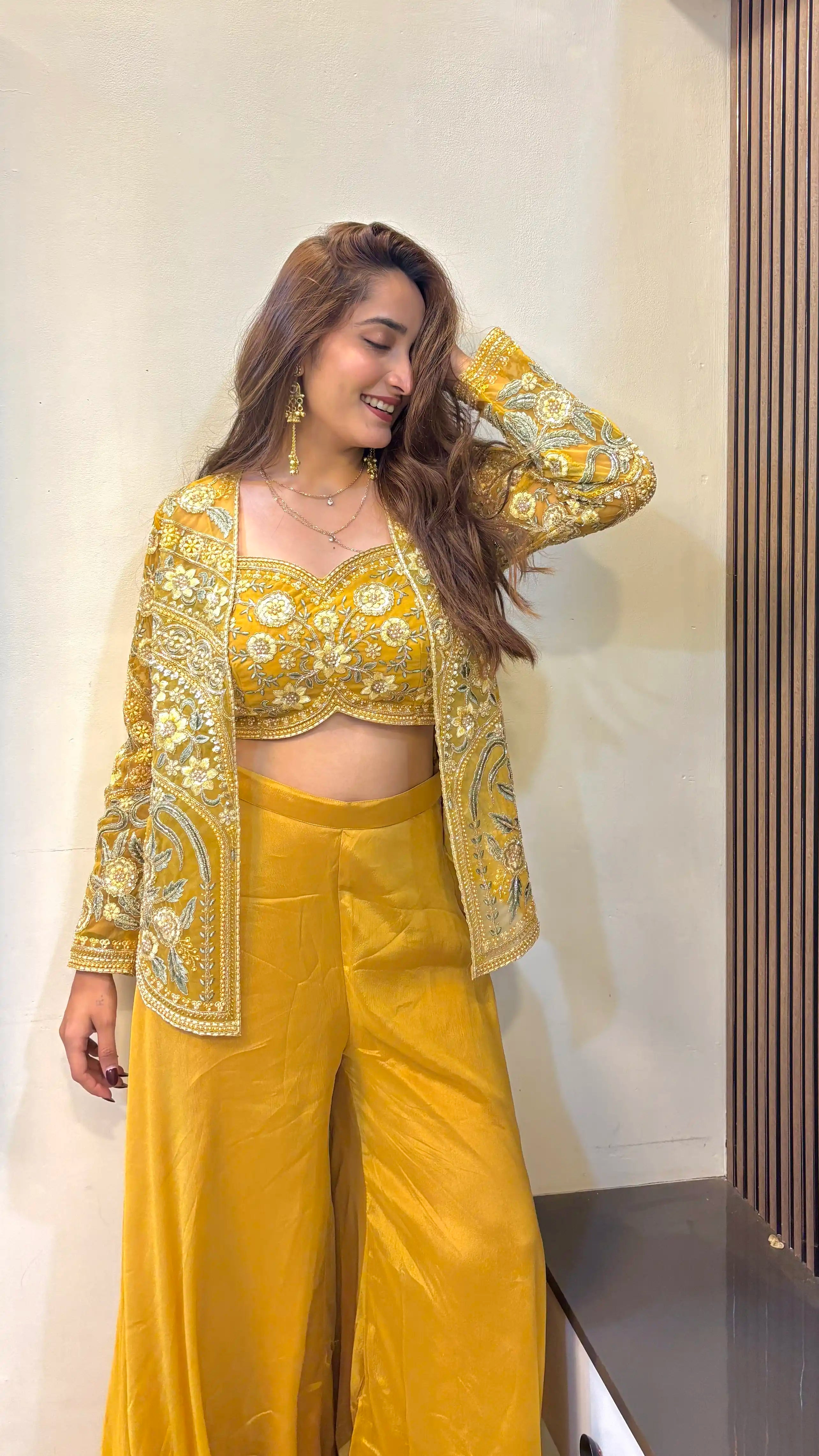 Yellow Embroidered Jacket Palazzo Set