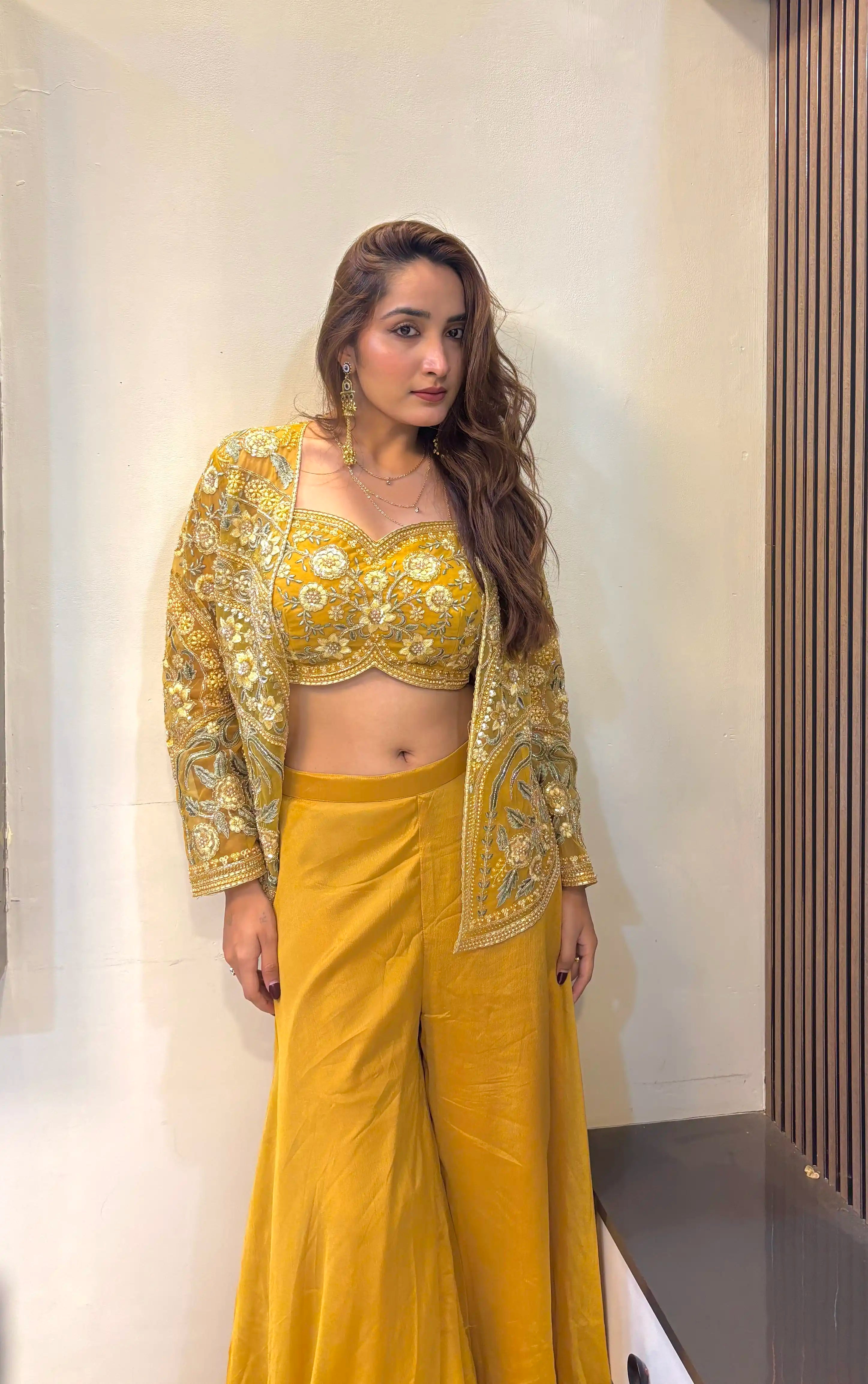 Yellow Embroidered Jacket Palazzo Set