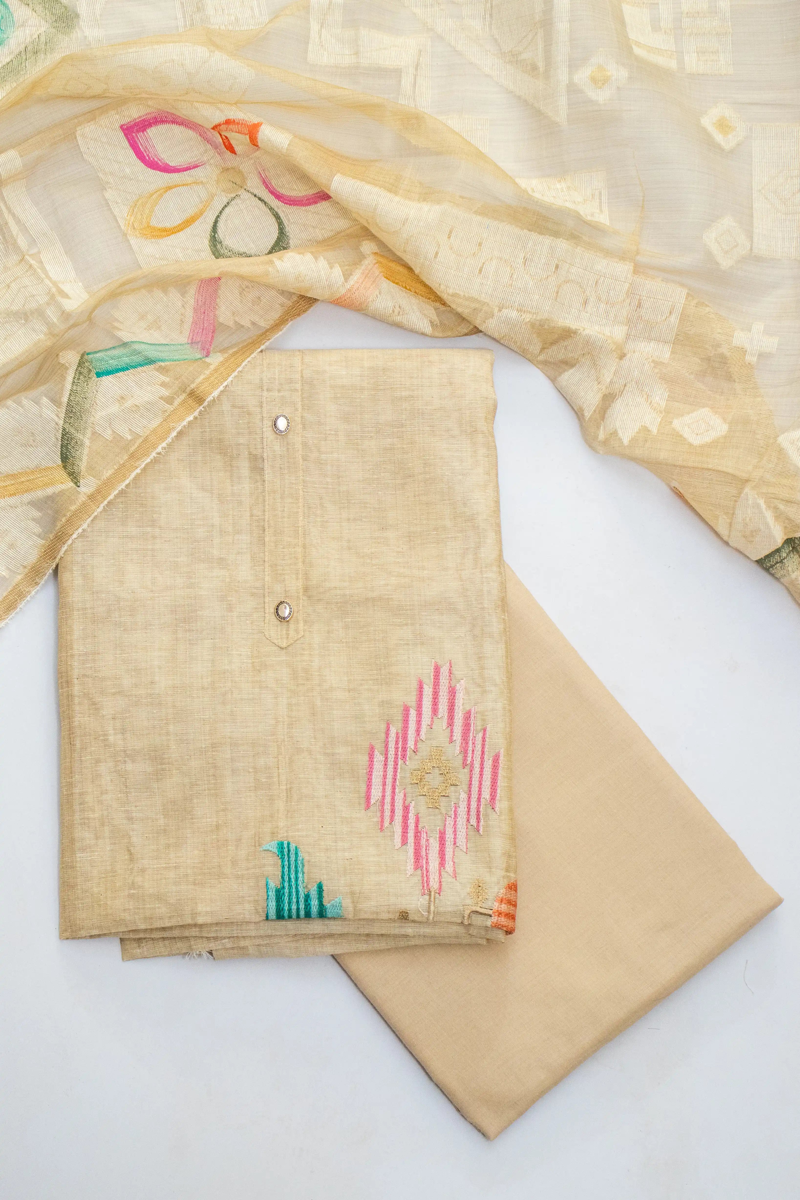 Elegant Beige Cotton Dress Material with Colorful Embroidery & Dupatta