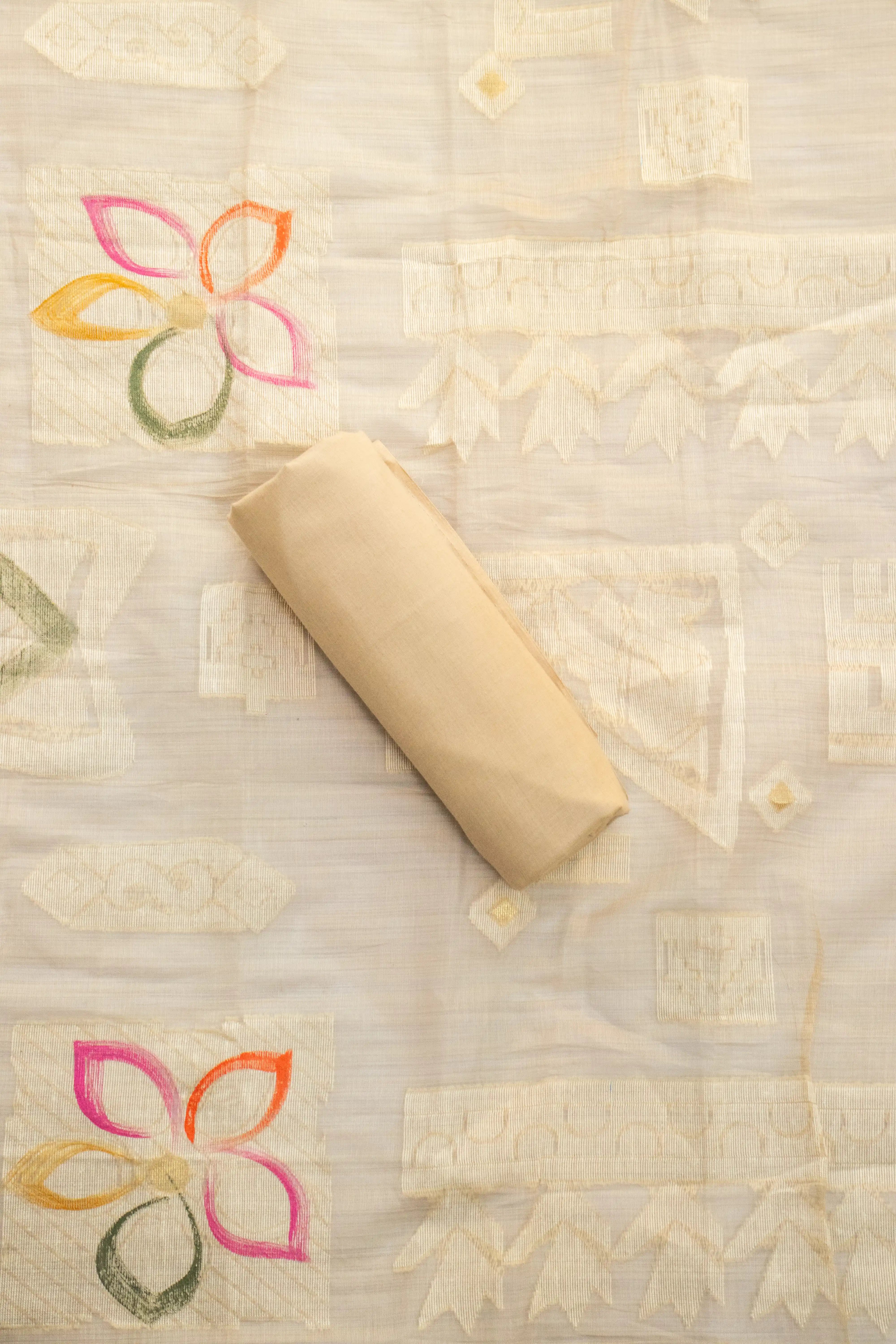 Elegant Beige Cotton Dress Material with Colorful Embroidery & Dupatta