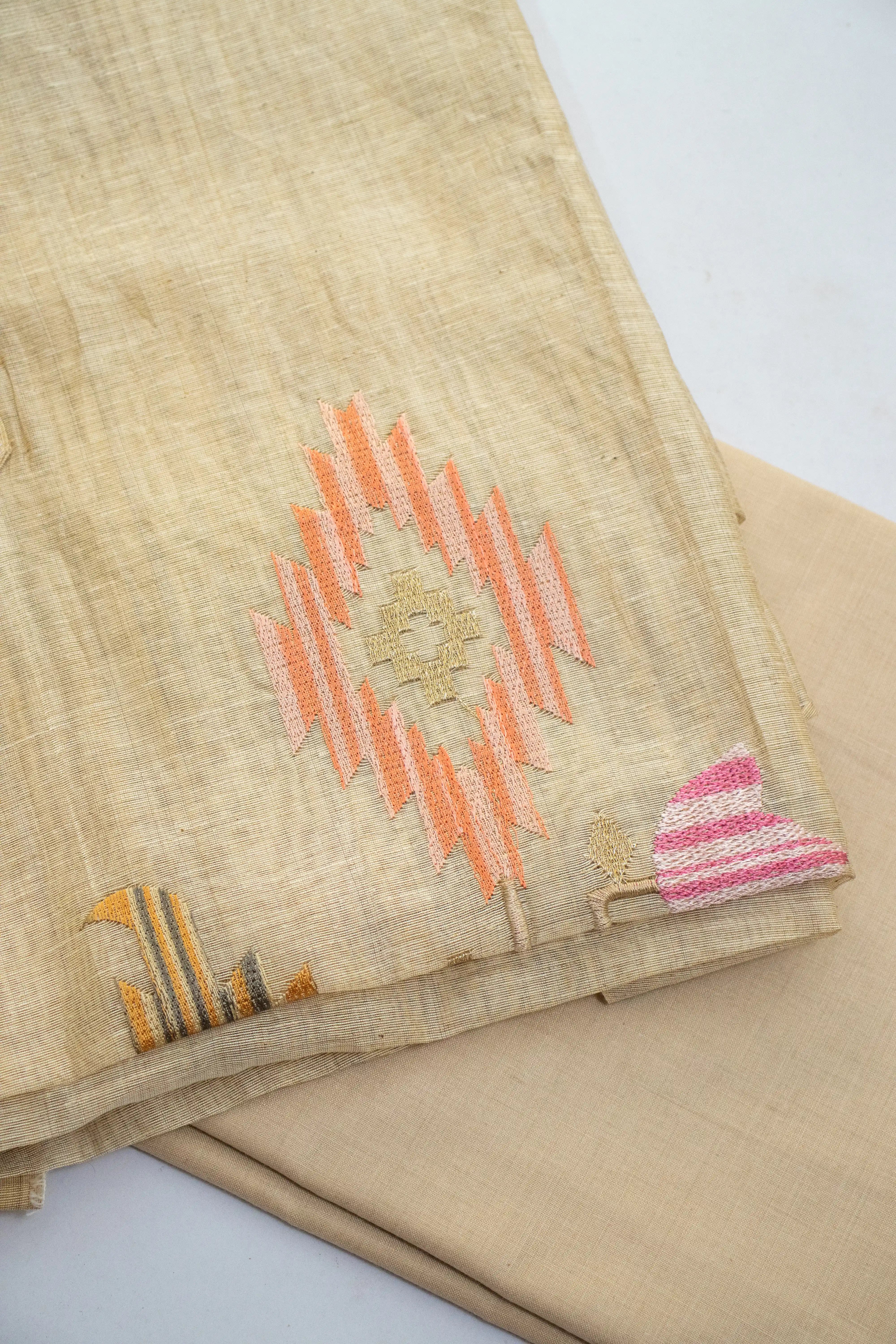 Beige Cotton Dress Material with Subtle Multicolor Embroidery