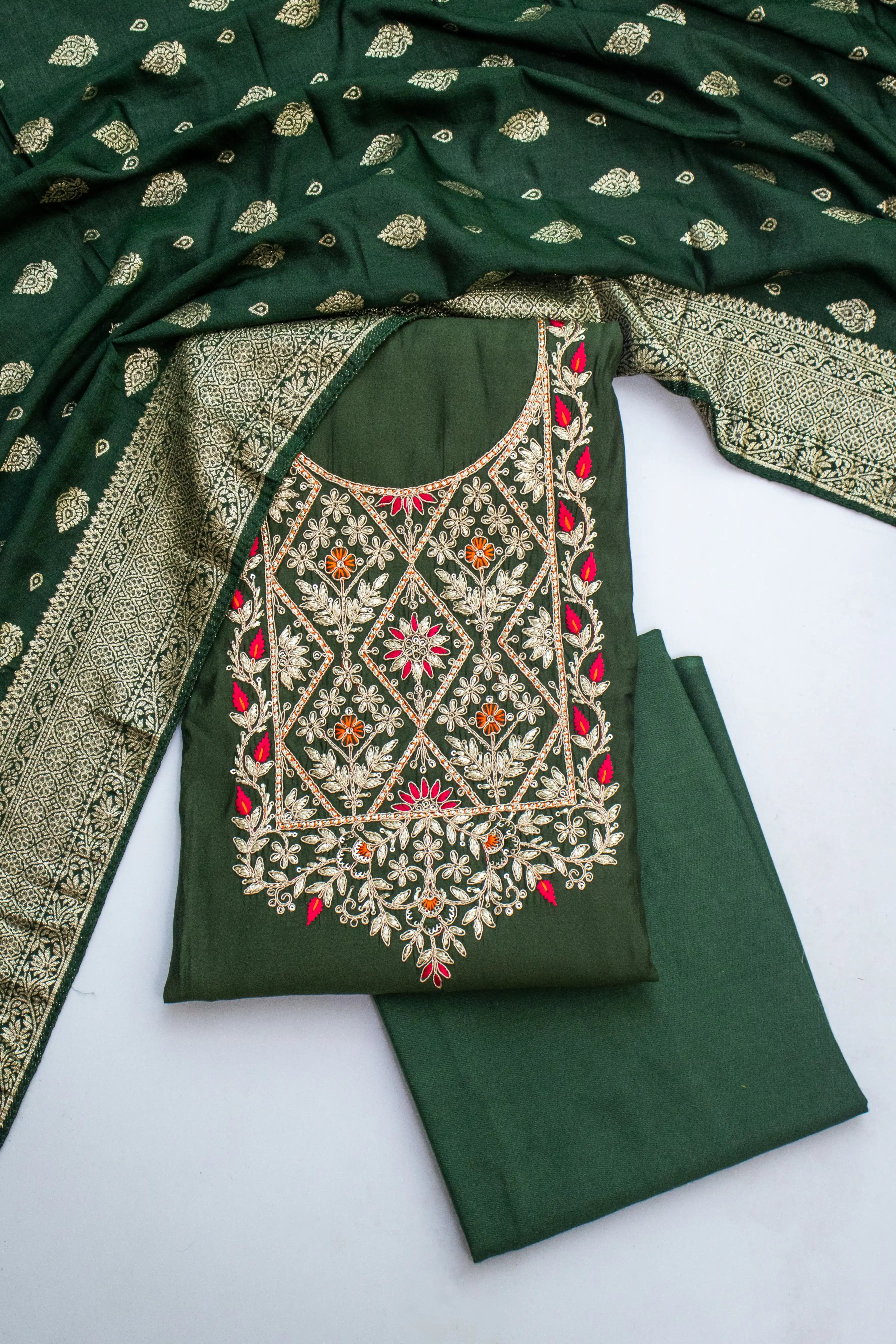 Deep Green Embroidered Dress Material with Zari & Floral Detailing