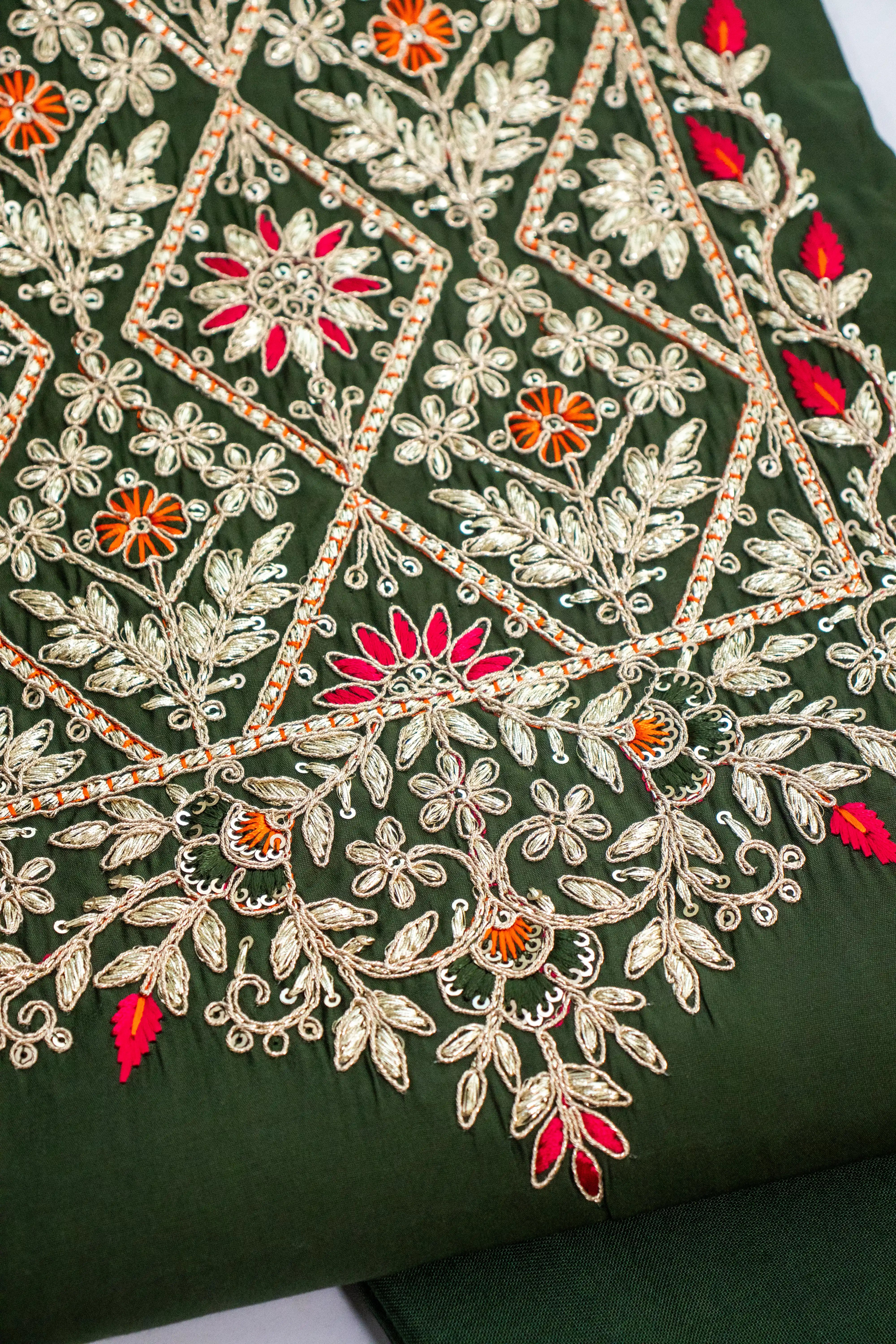 Deep Green Embroidered Dress Material with Zari & Floral Detailing
