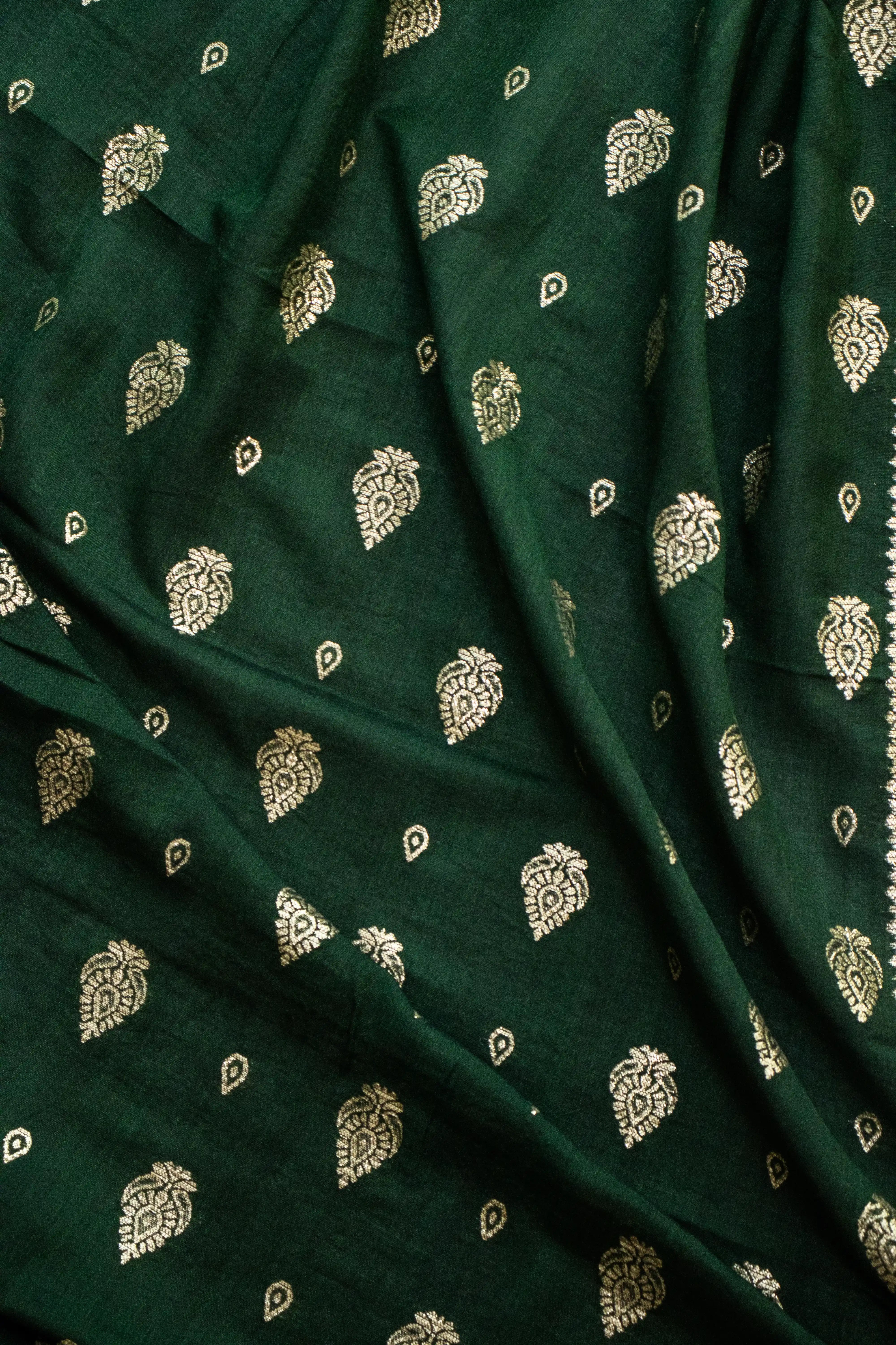 Deep Green Embroidered Dress Material with Zari & Floral Detailing