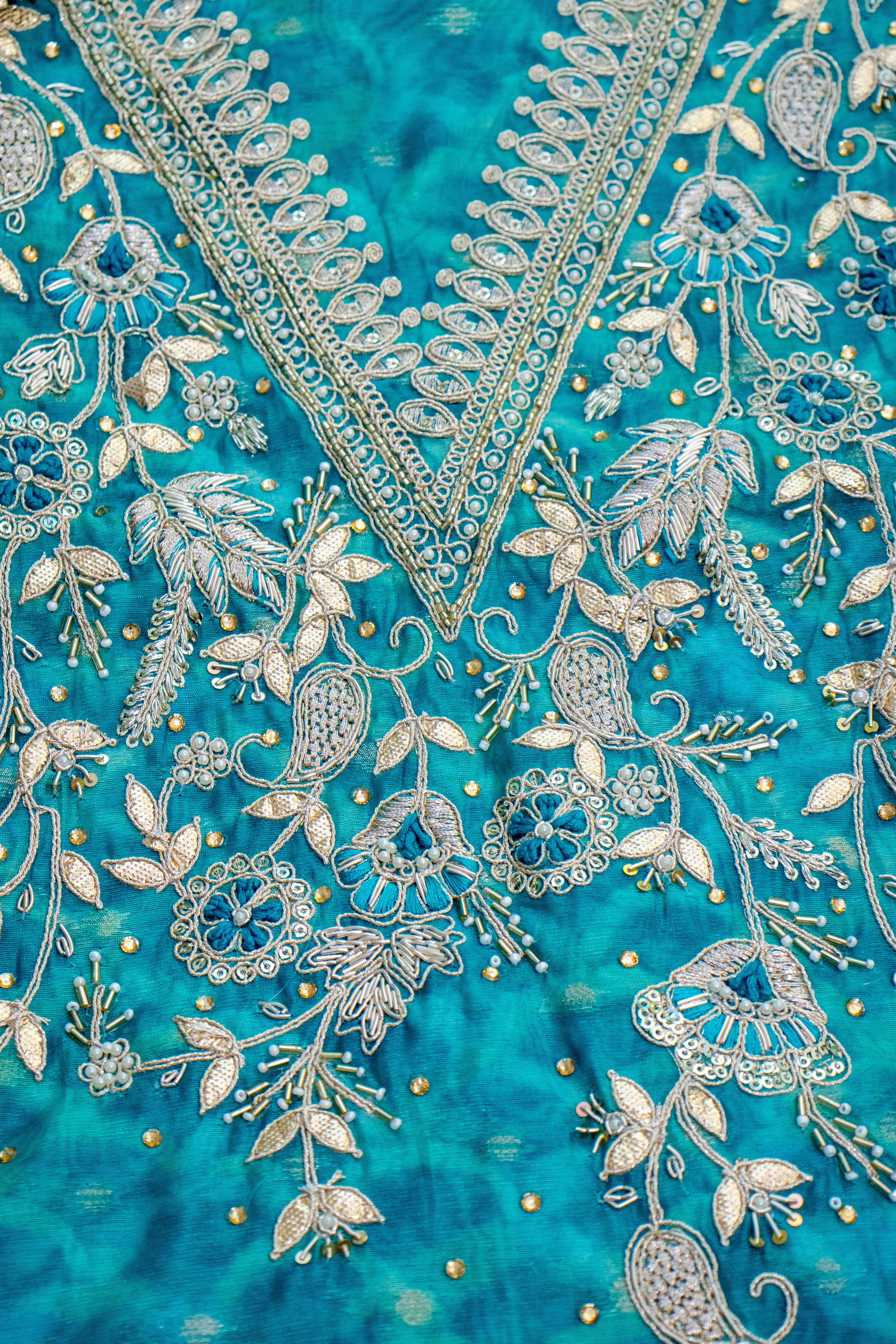 Teal Blue Embroidered Dress Material with Zari Work & Dupatta