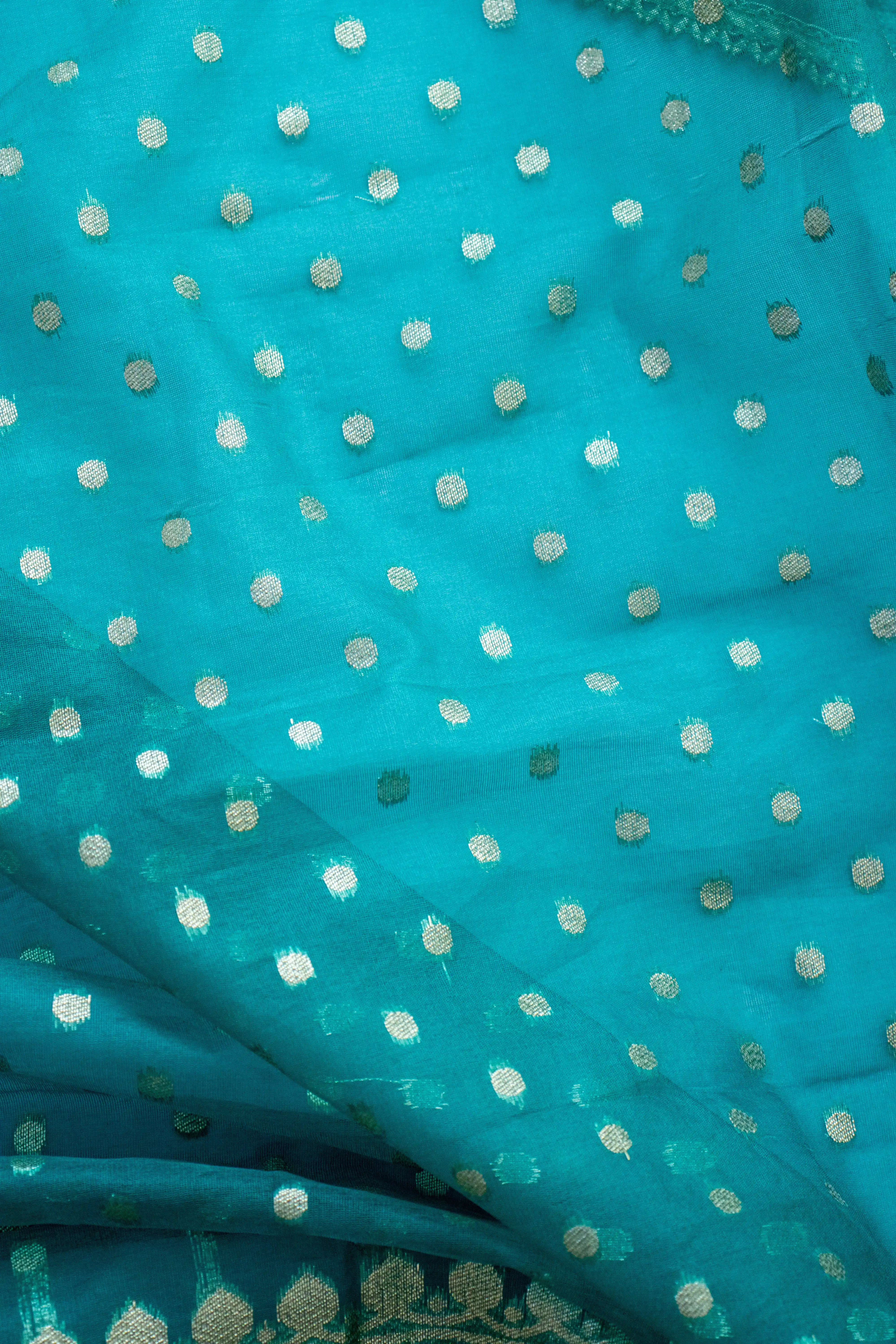 Teal Blue Embroidered Dress Material with Zari Work & Dupatta