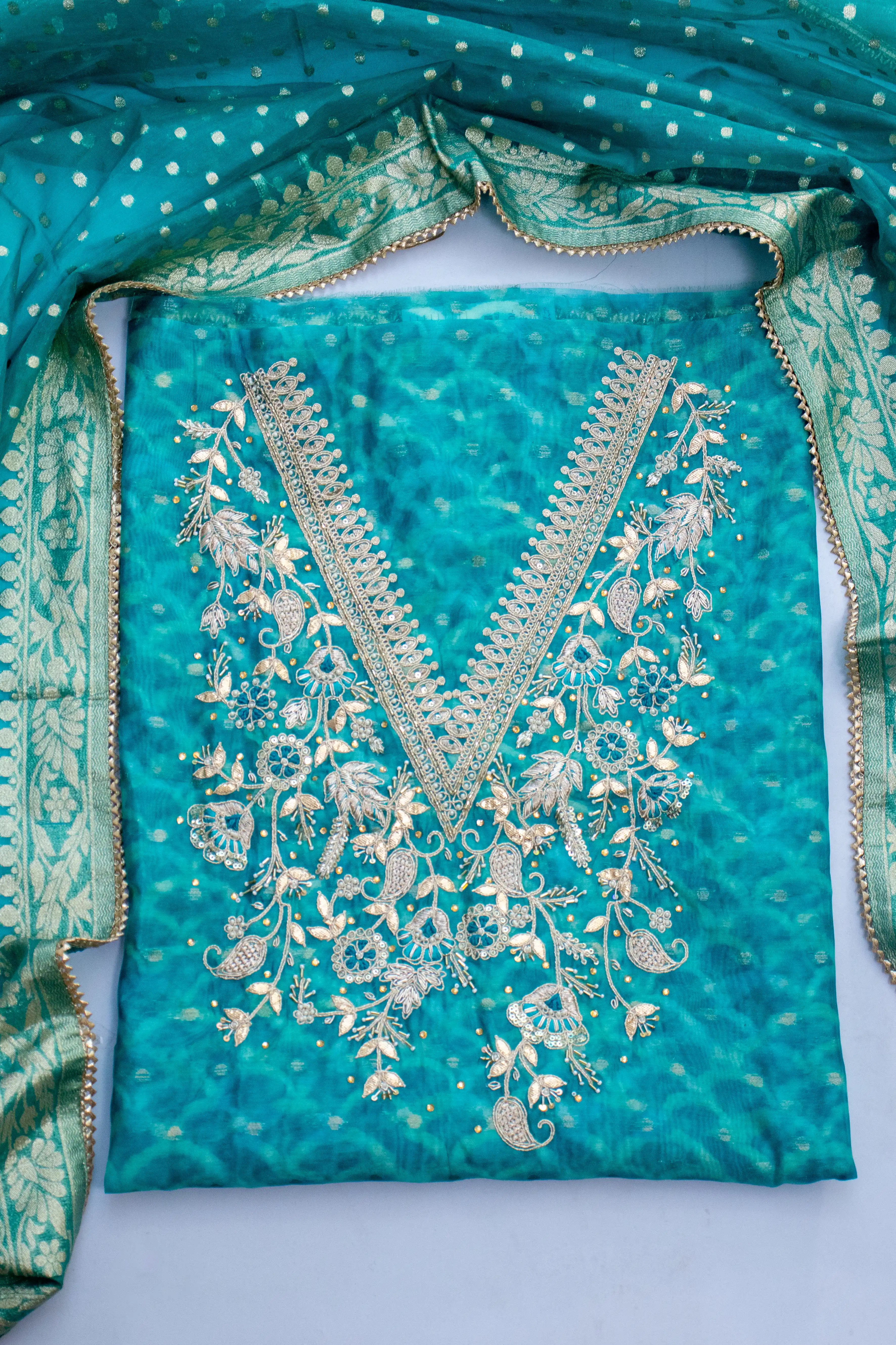 Teal Blue Embroidered Dress Material with Zari Work & Dupatta