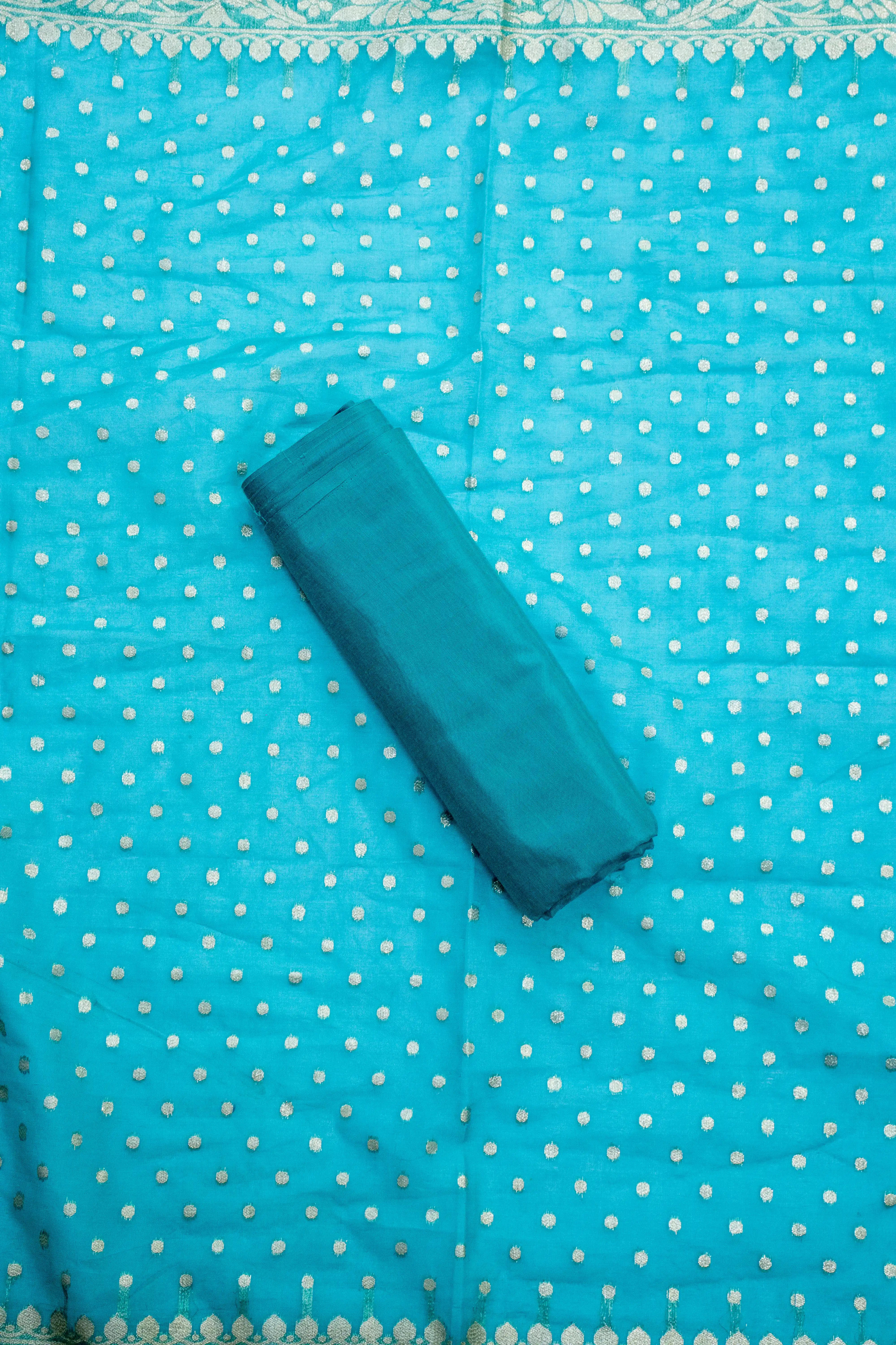 Teal Blue Embroidered Dress Material with Zari Work & Dupatta