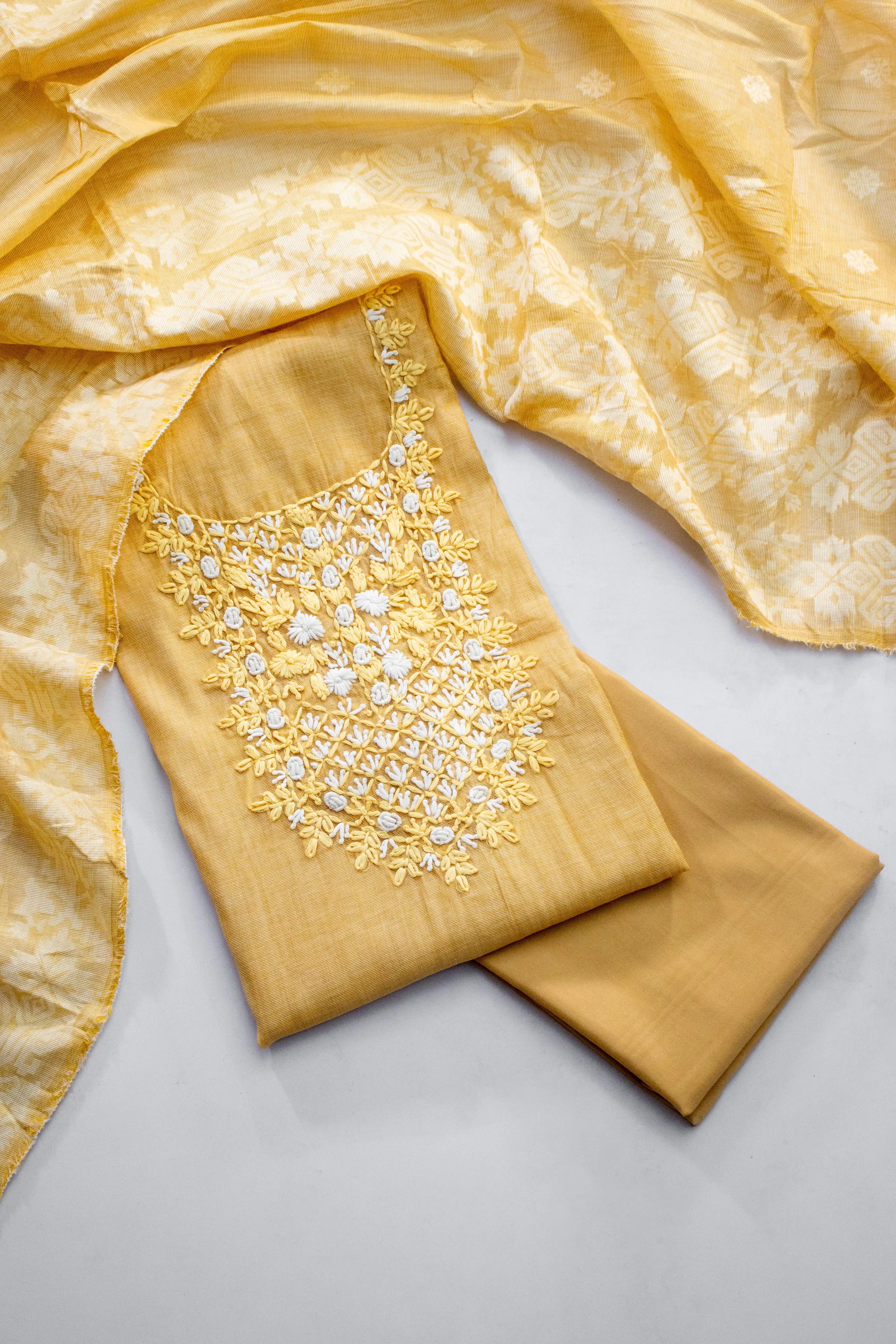 Sunny Yellow Cotton Dress Material with White Thread Embroidery & Dupatta