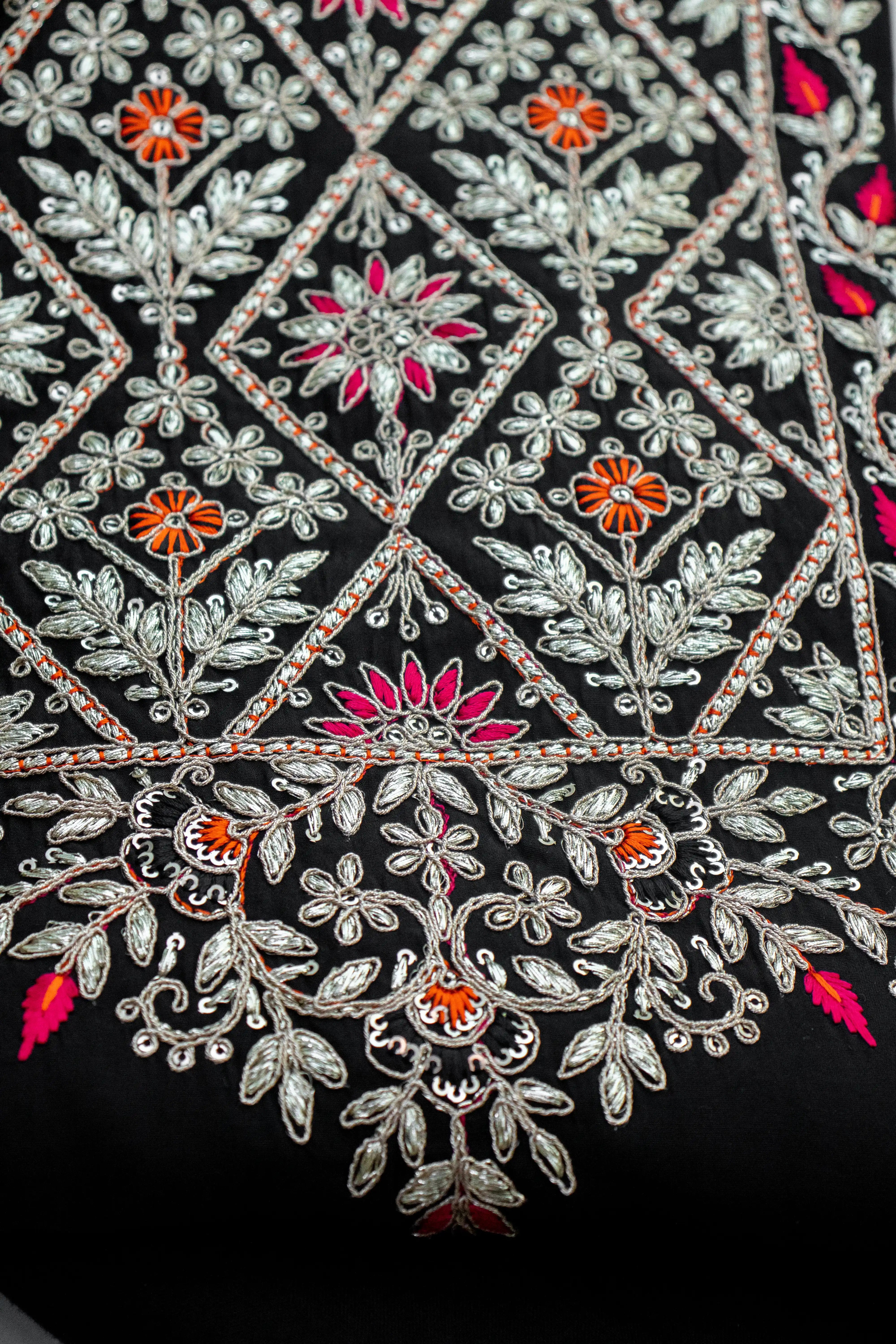 Intricate Floral Hand Embroidery on Black