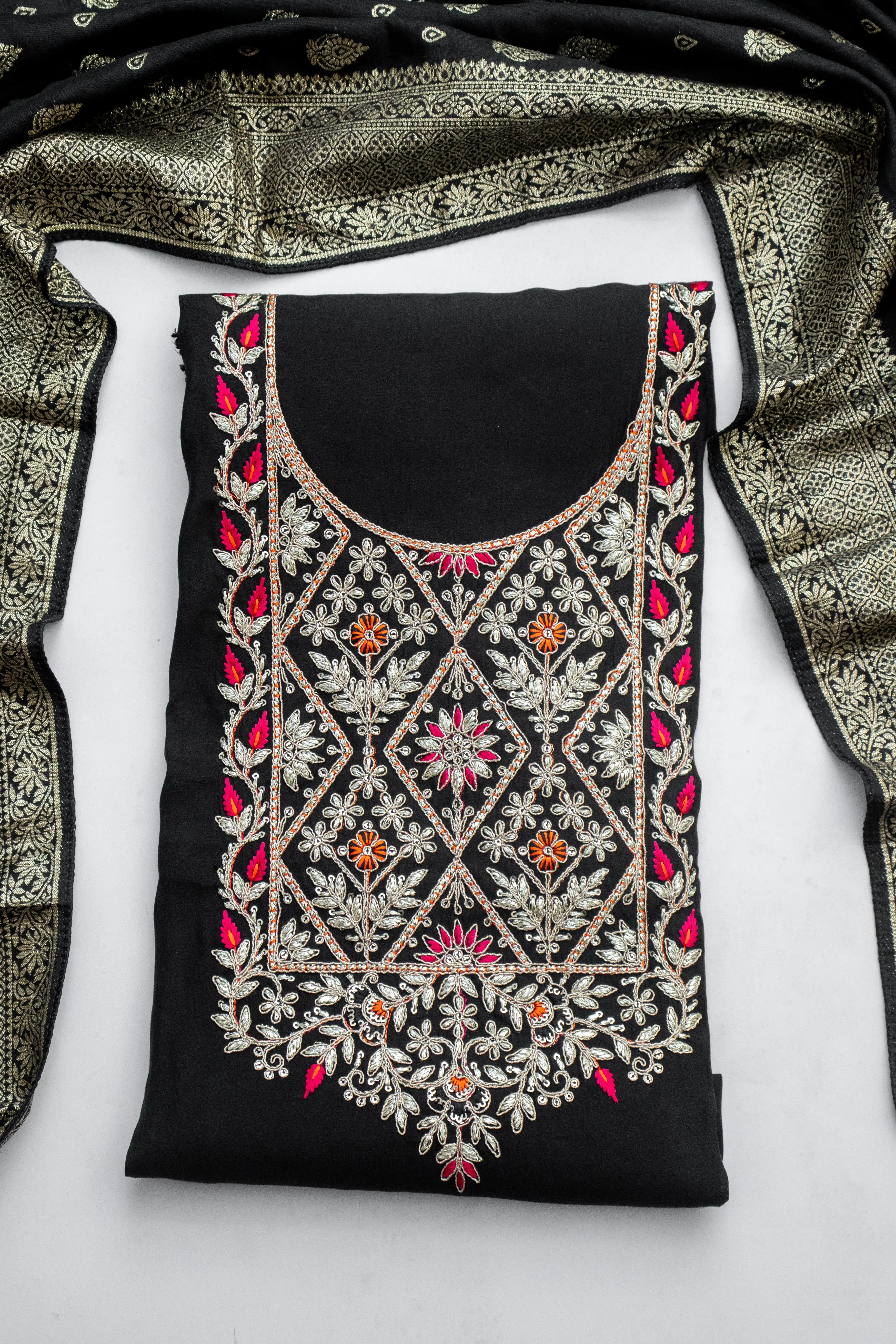 Intricate Floral Hand Embroidery on Black