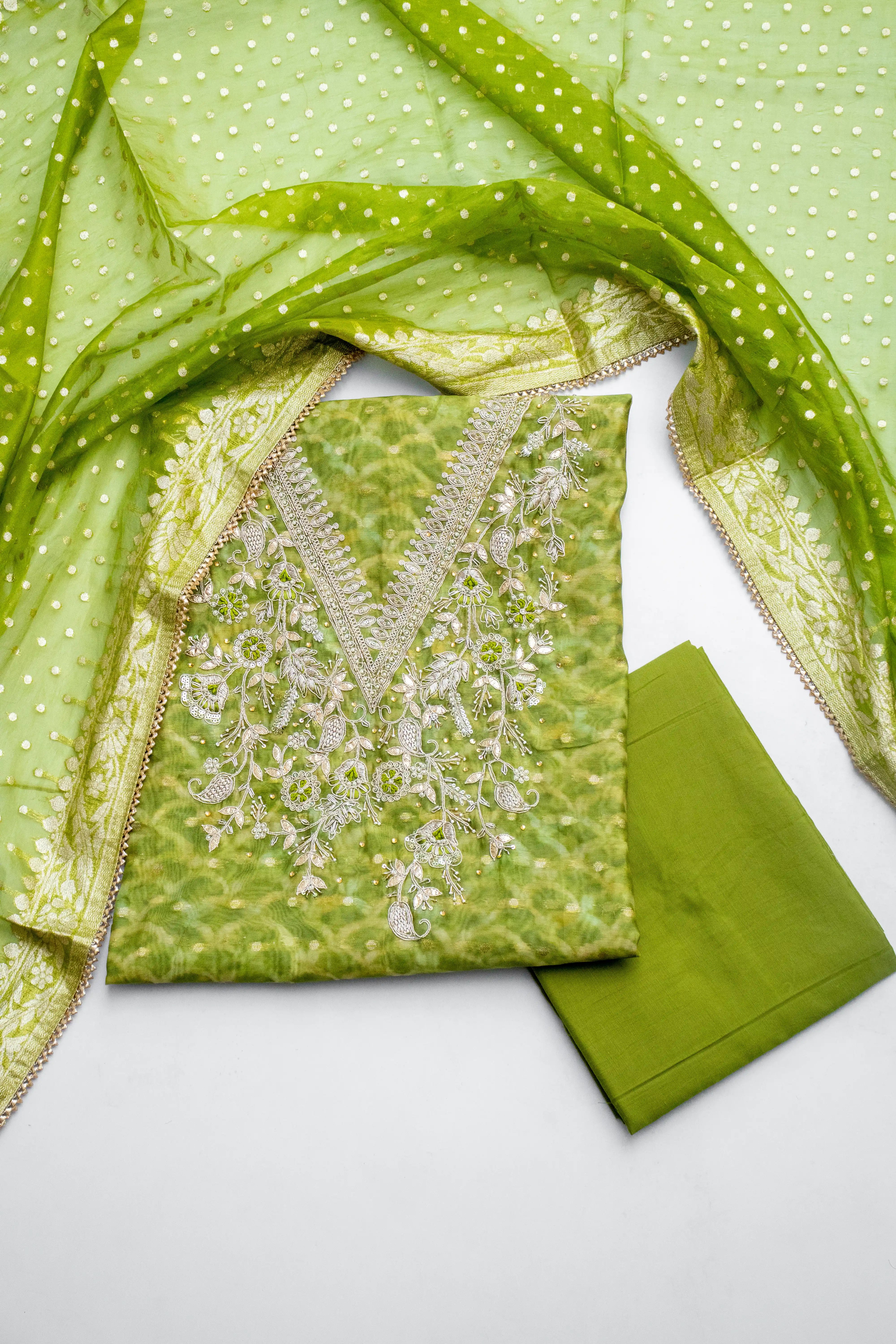 Elegant Green Embroidered Dress Material with Dupatta