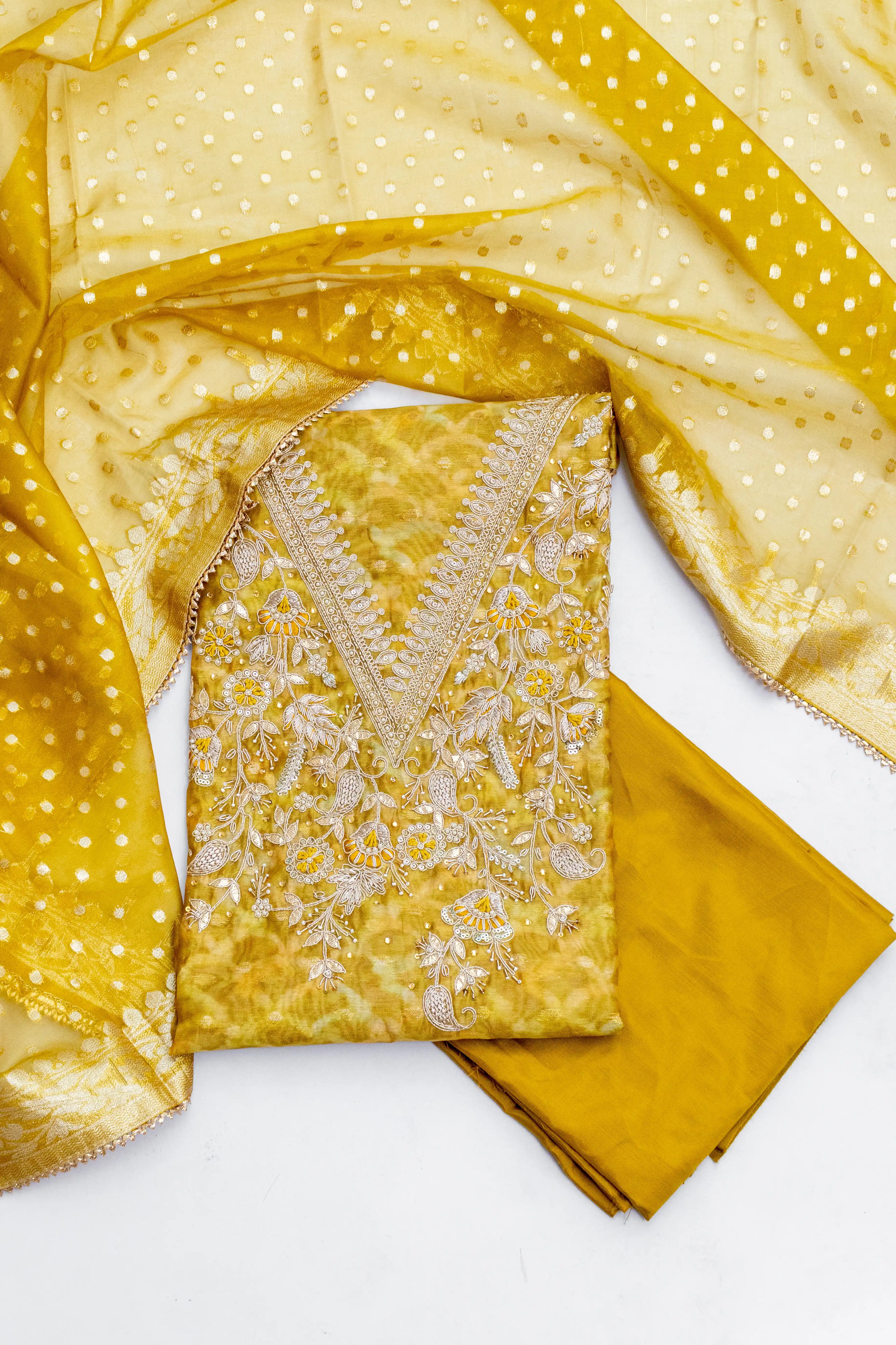 Radiant Yellow Embroidered Dress Material with Dupatta