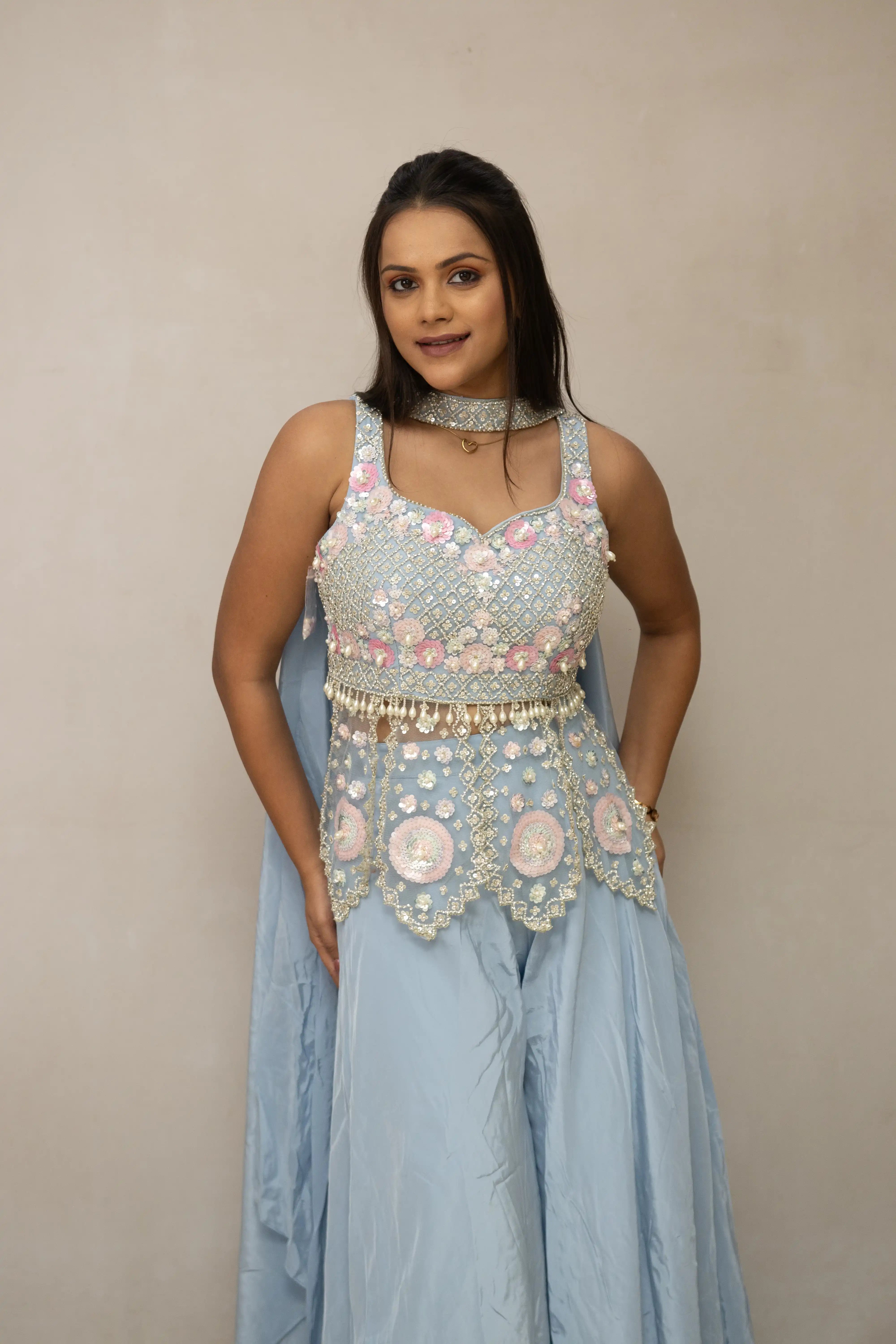 Sky Blue Embroidered Sharara Set