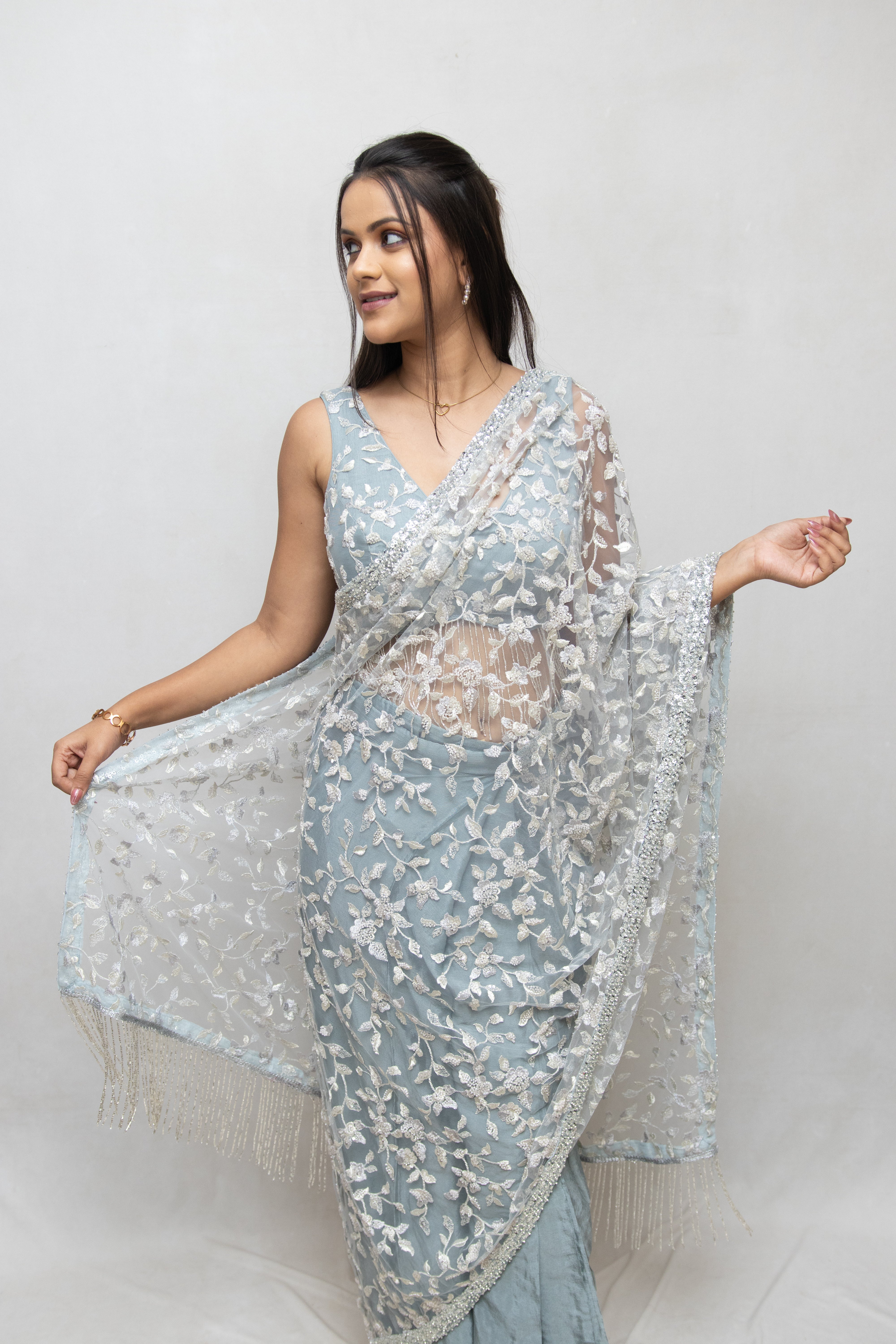 Light Blue Floral Embroidered Saree