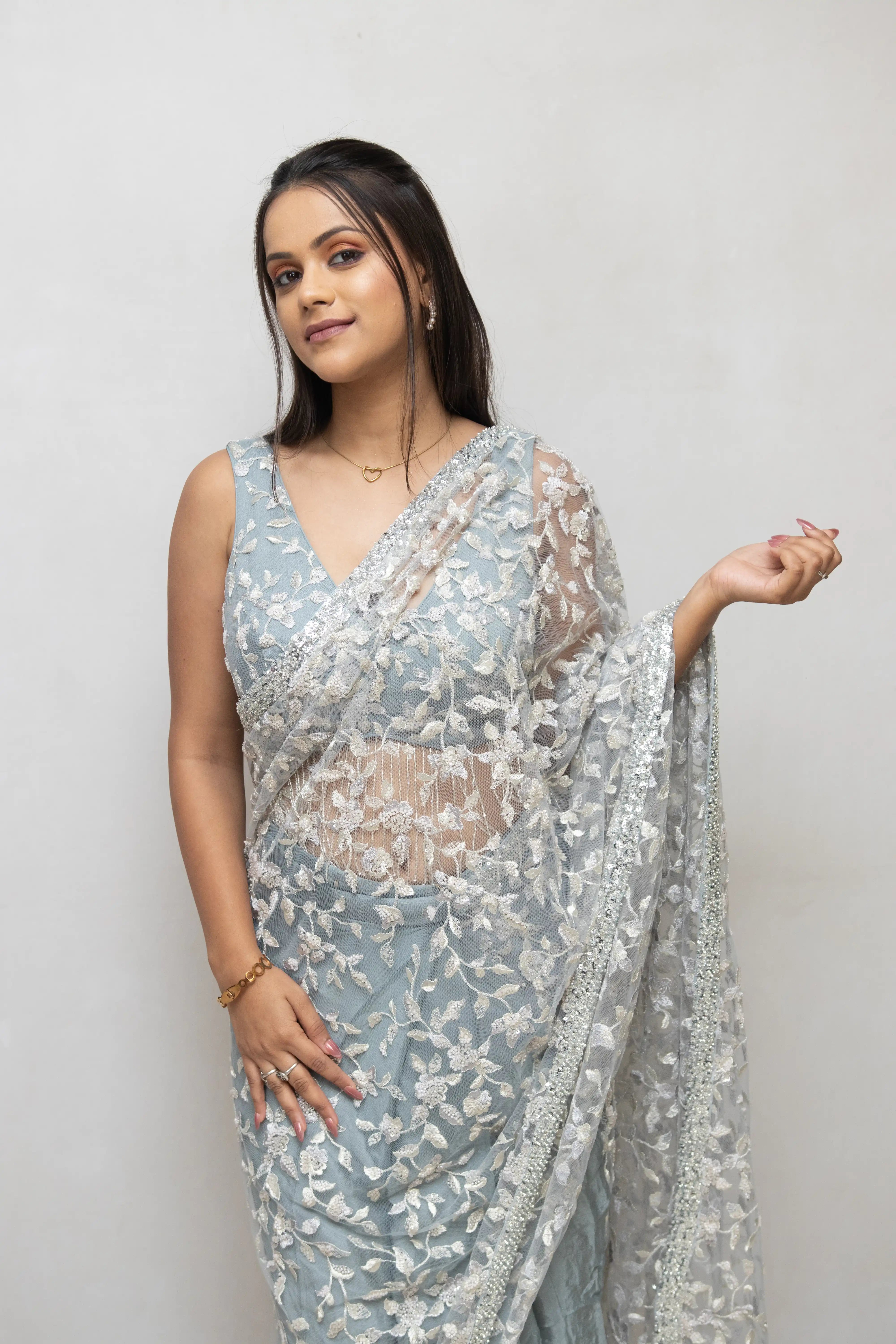 Light Blue Floral Embroidered Saree
