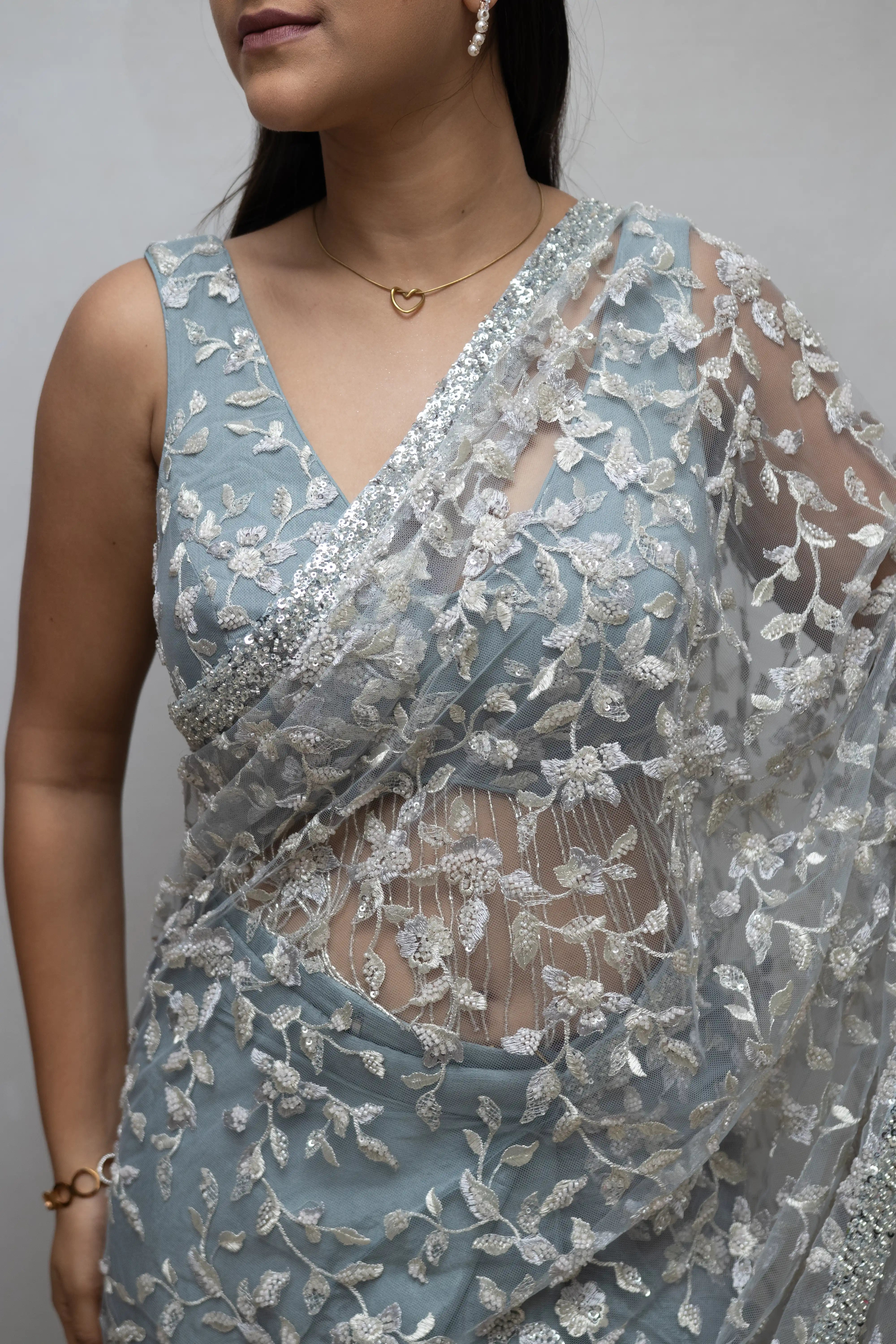 Light Blue Floral Embroidered Saree