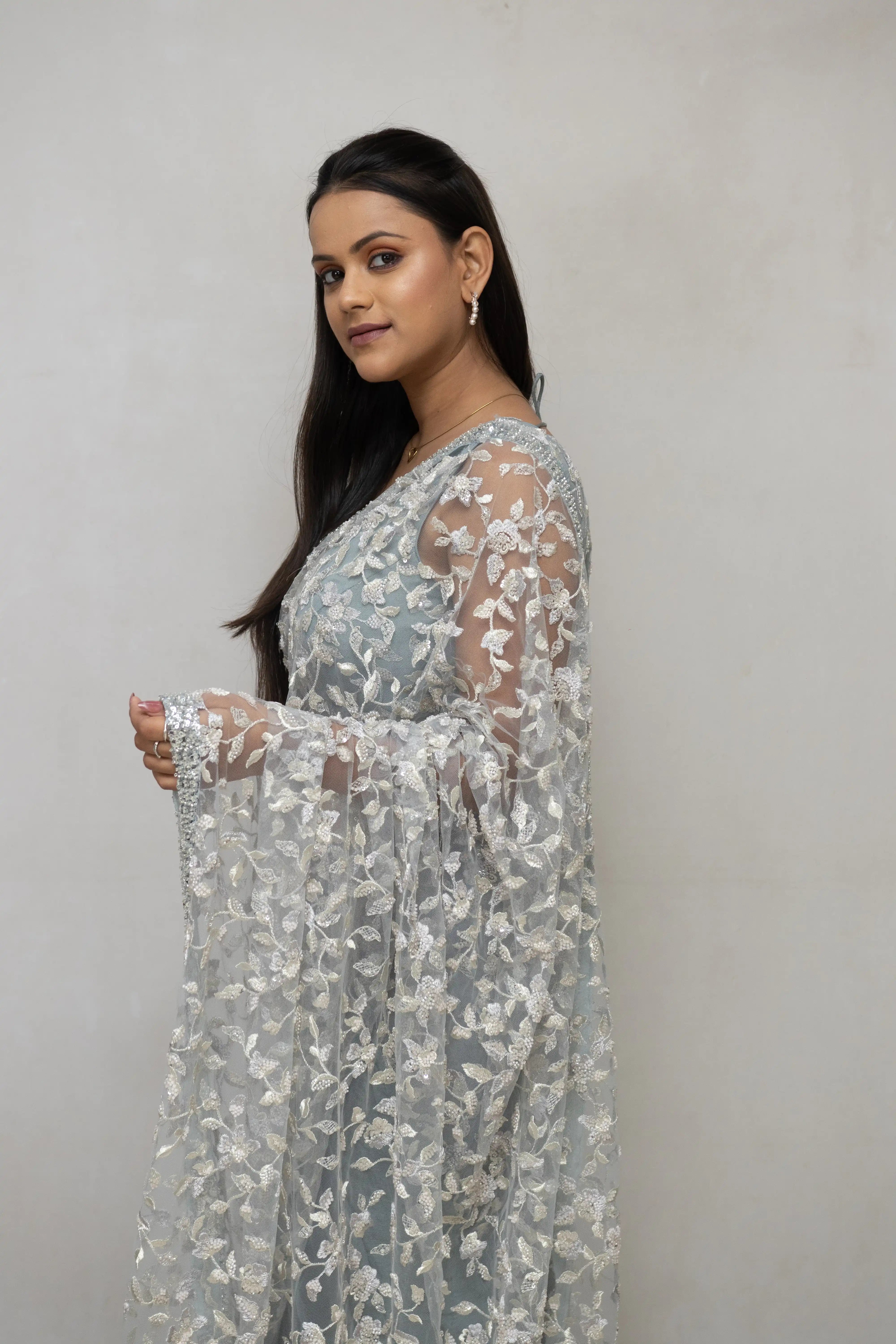 Light Blue Floral Embroidered Saree