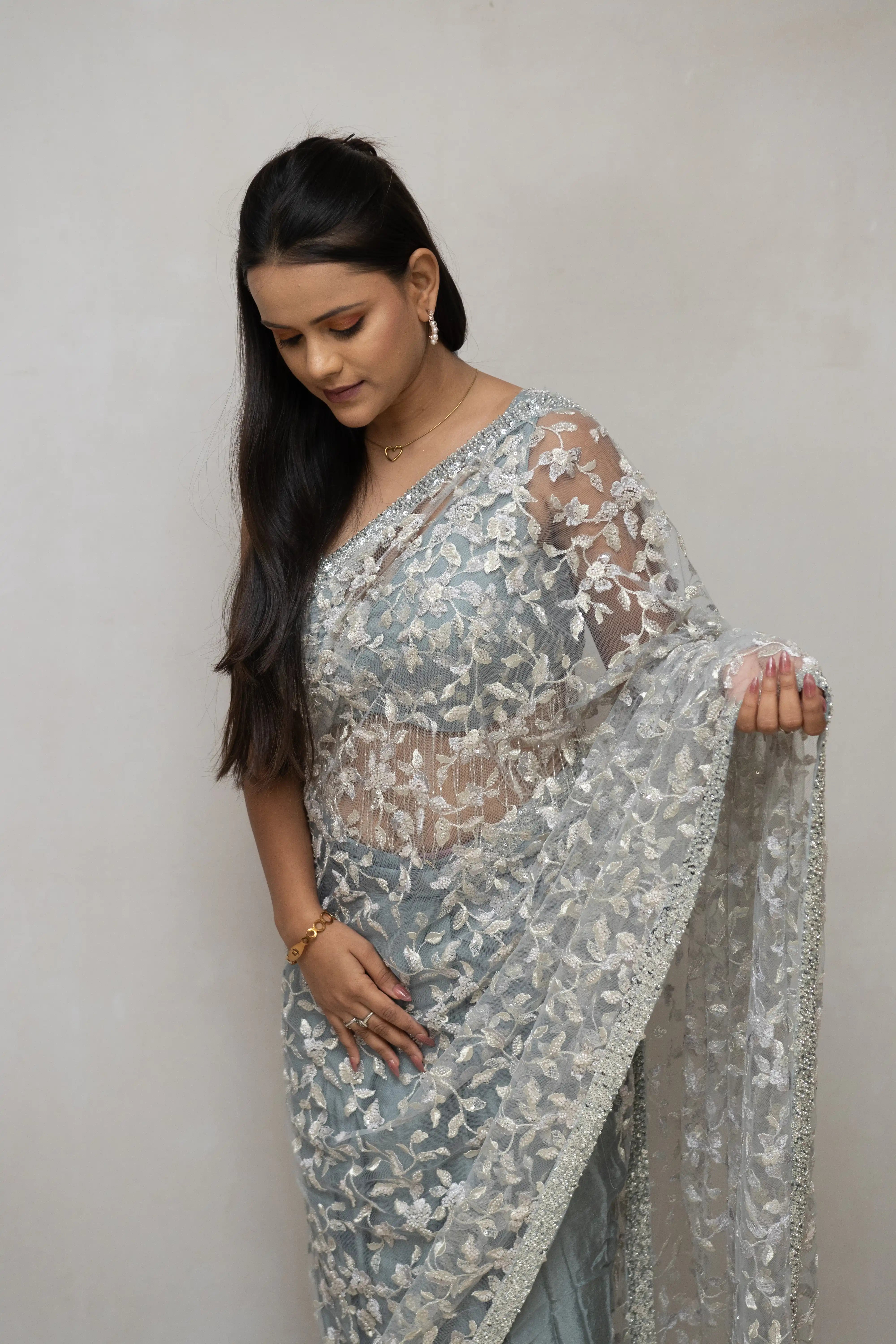 Light Blue Floral Embroidered Saree
