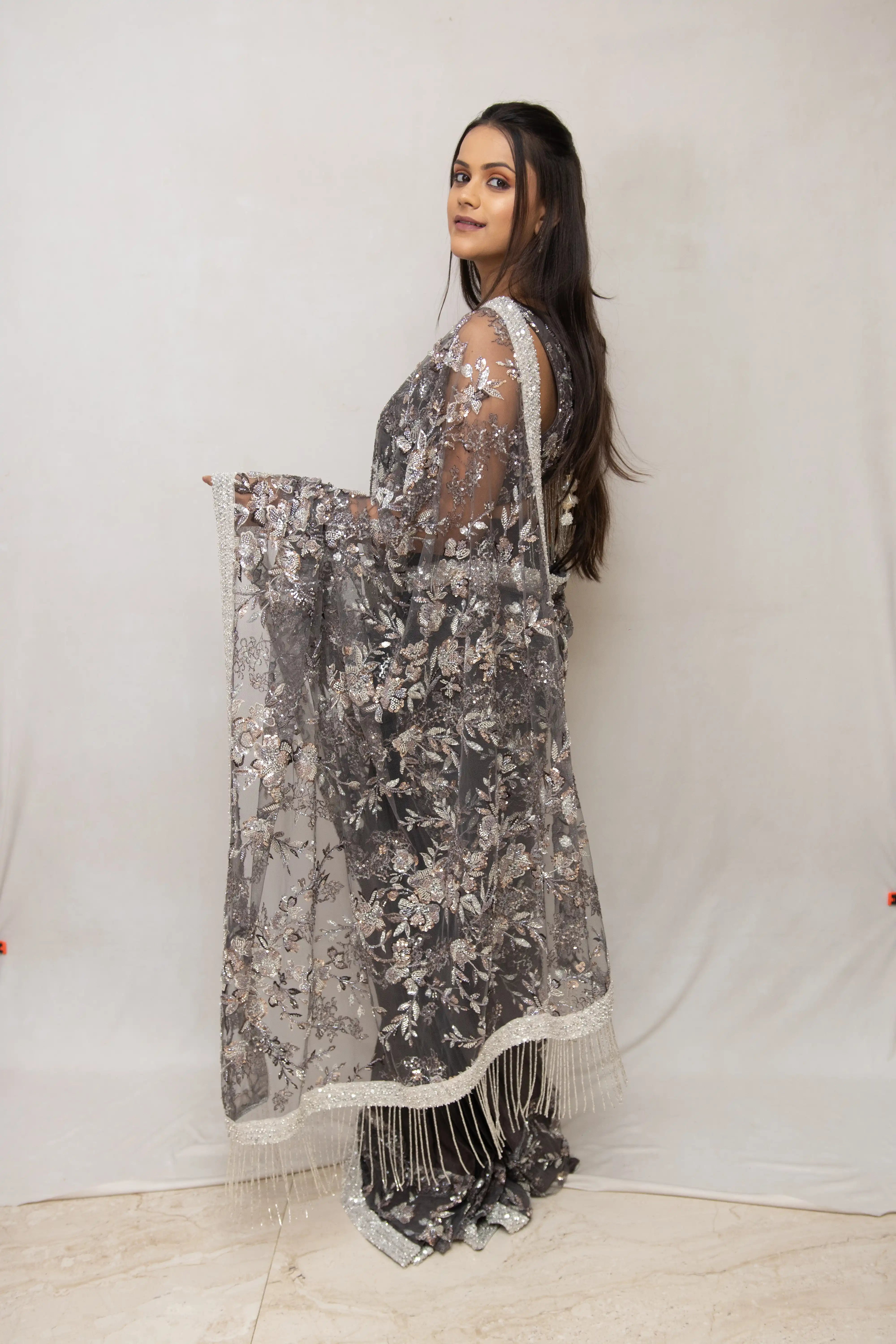 Grey Floral Sequin Saree