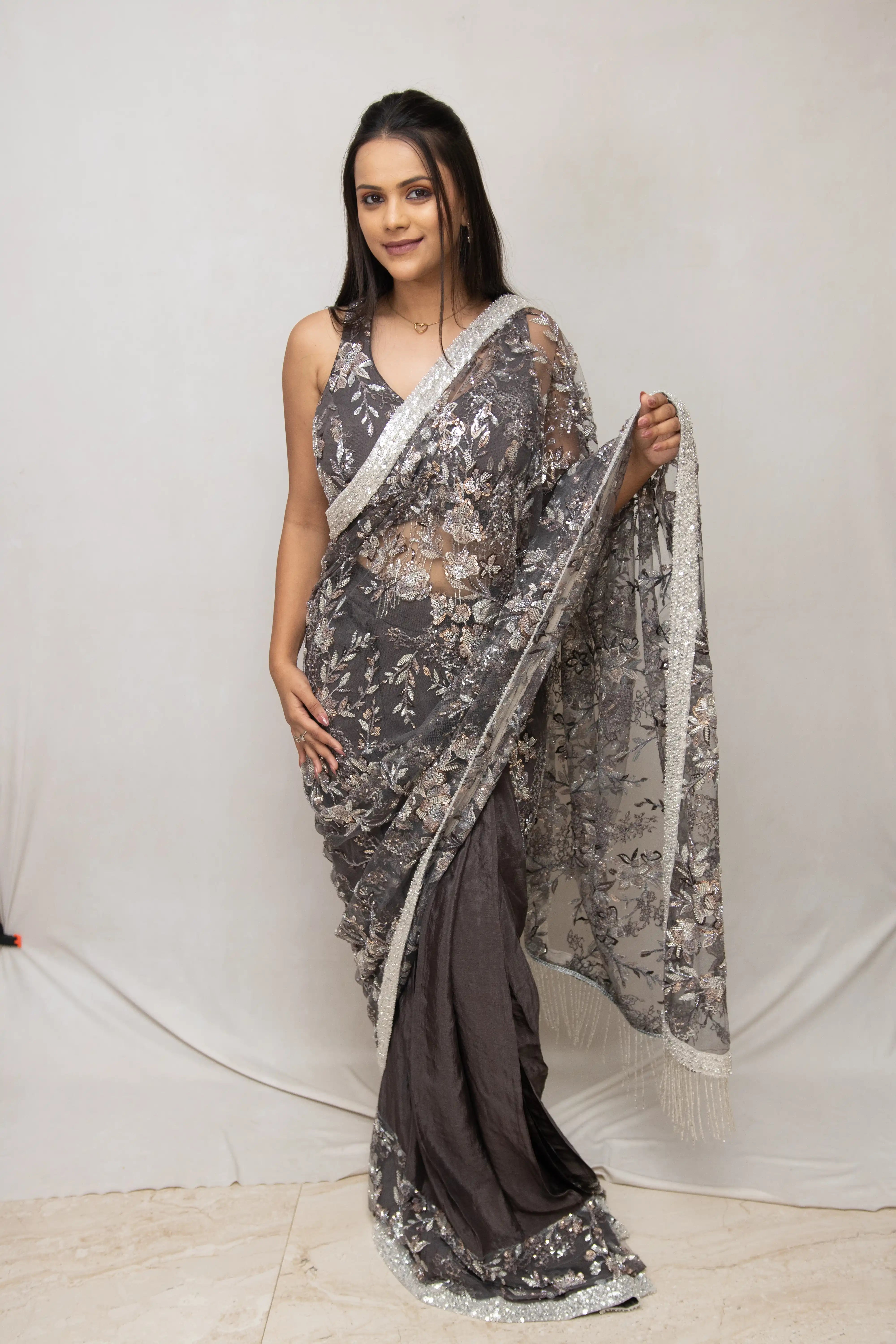 Grey Floral Sequin Saree