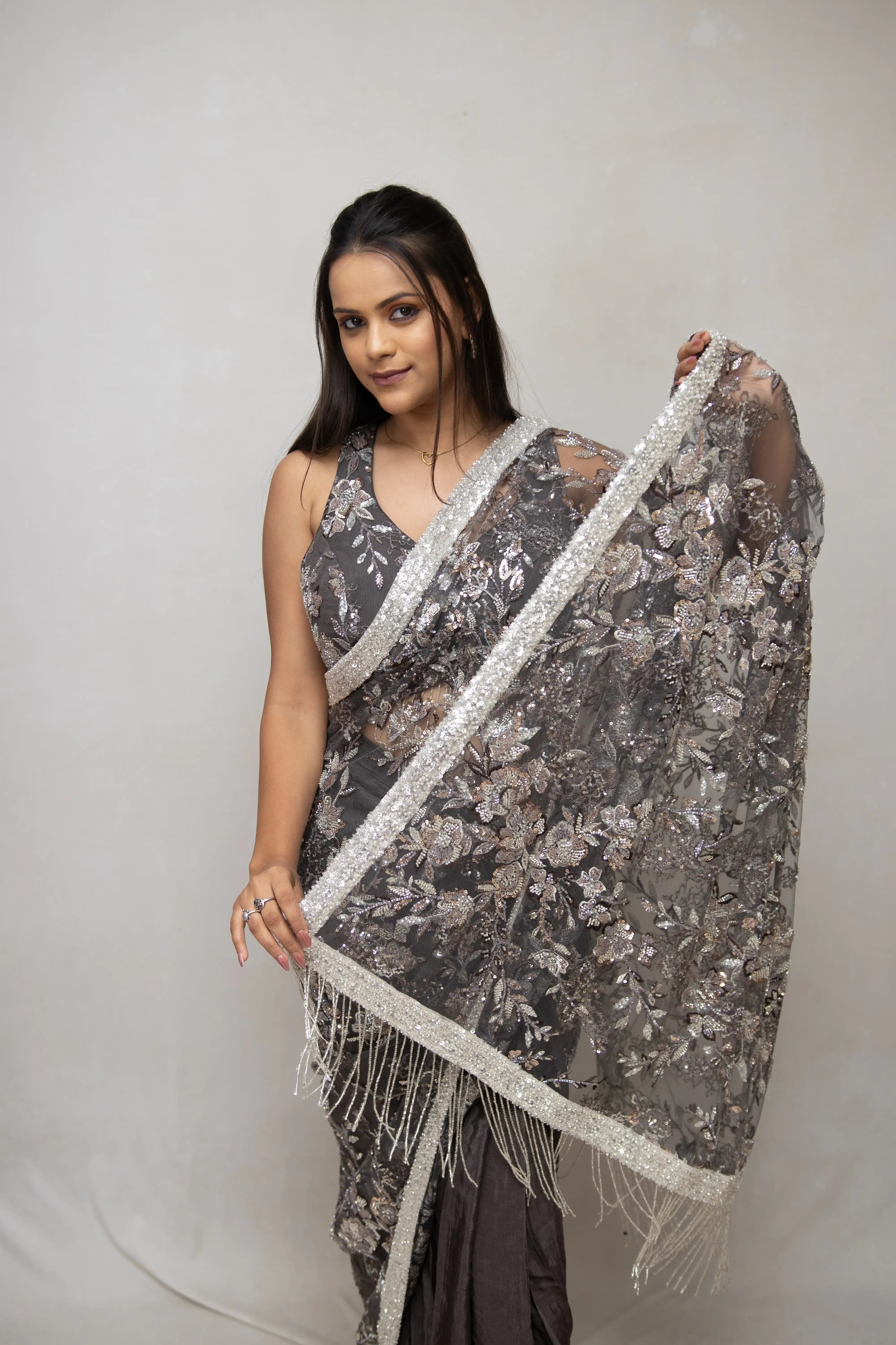 Grey Floral Sequin Saree