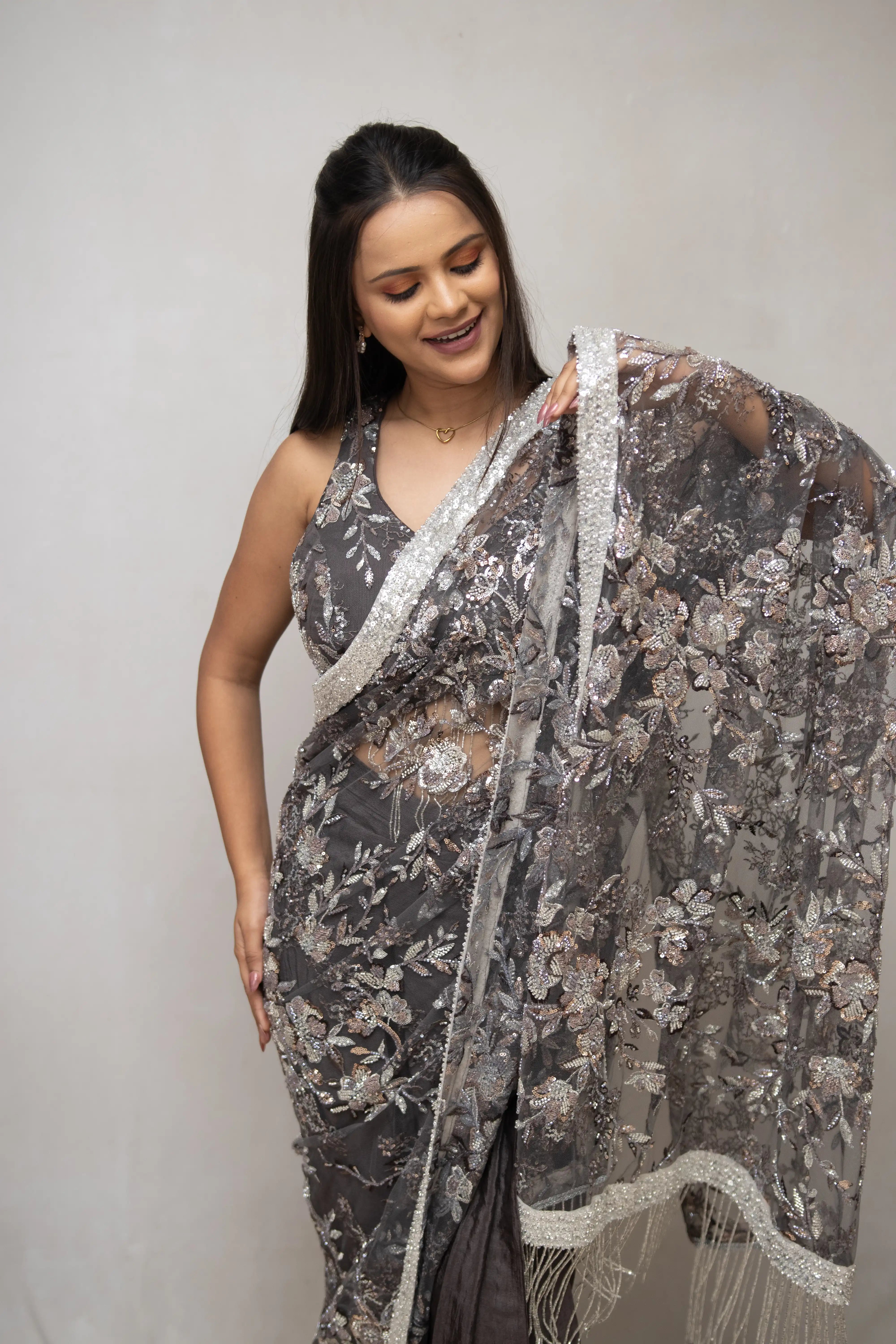 Grey Floral Sequin Saree