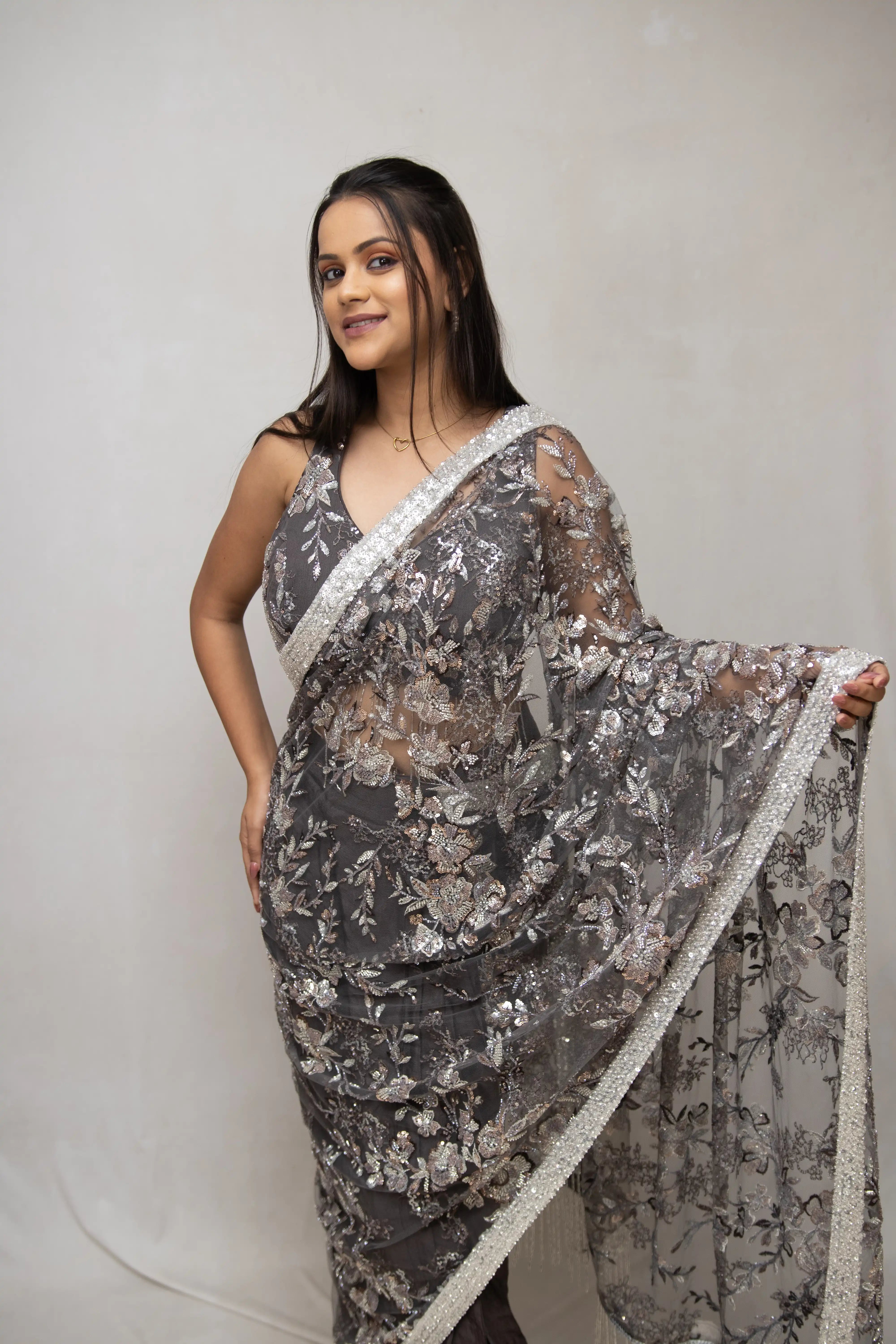 Grey Floral Sequin Saree