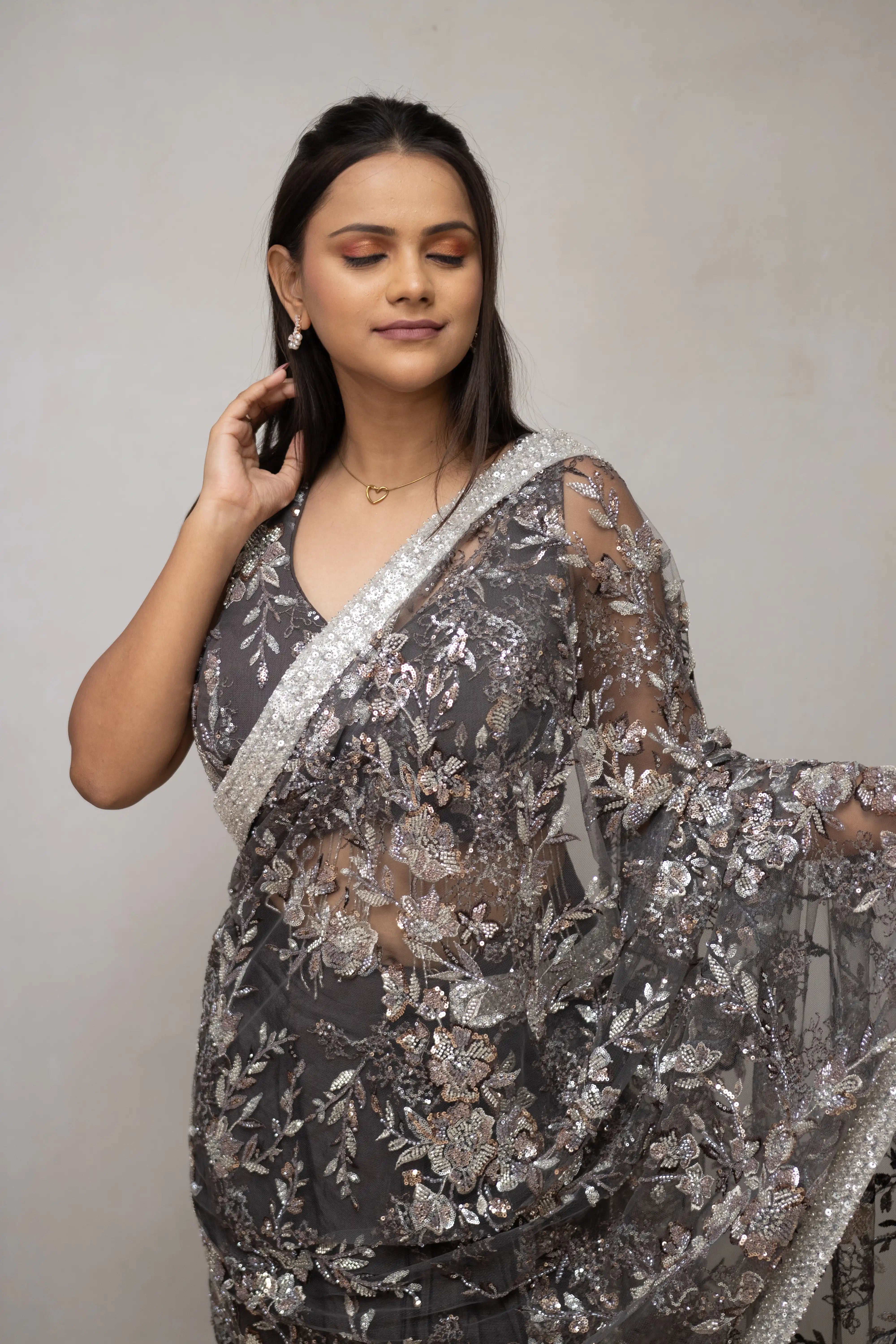 Grey Floral Sequin Saree