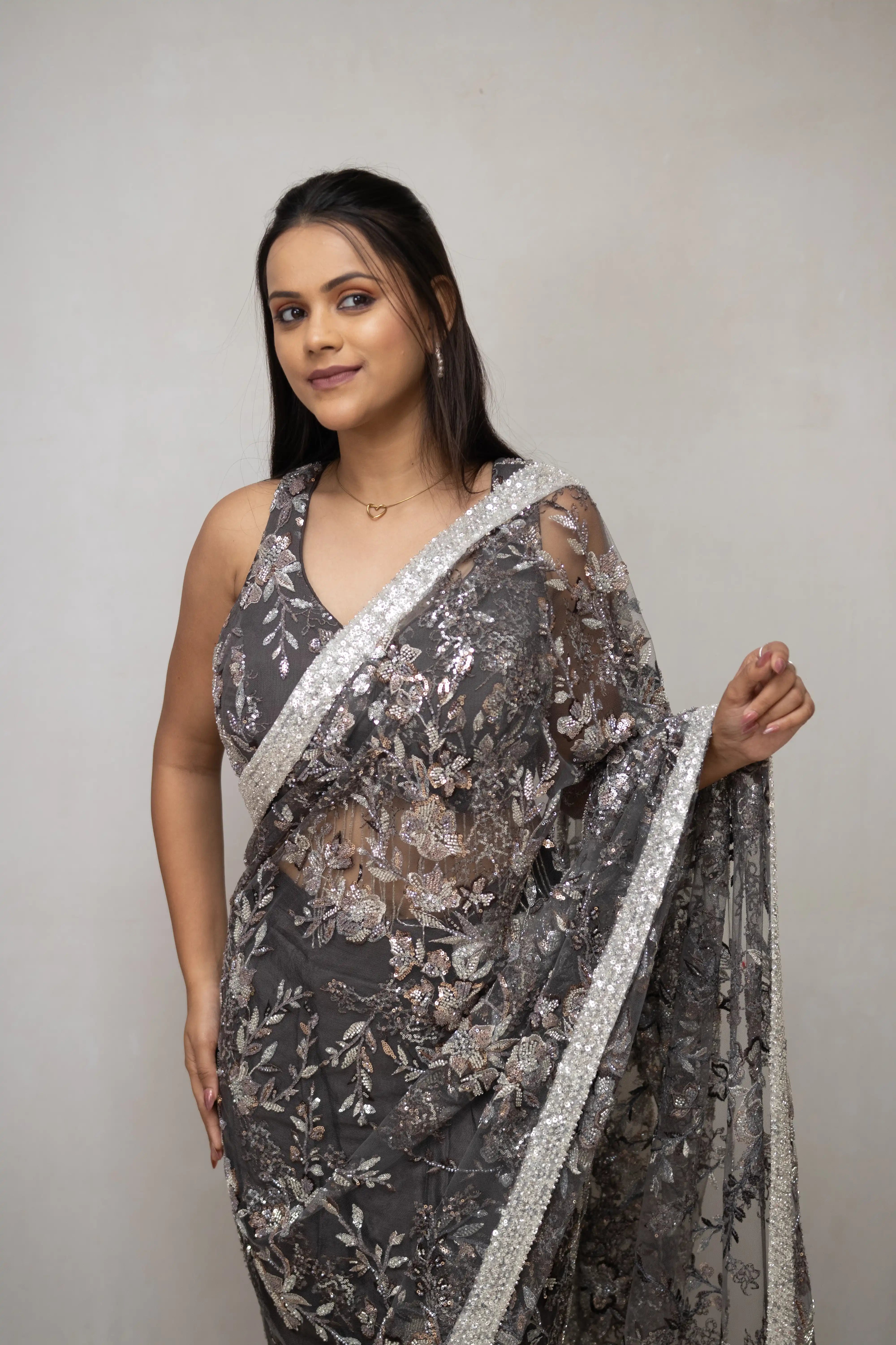 Grey Floral Sequin Saree